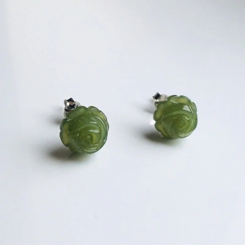 Real Jade Rose Stud Earrings on a white background
