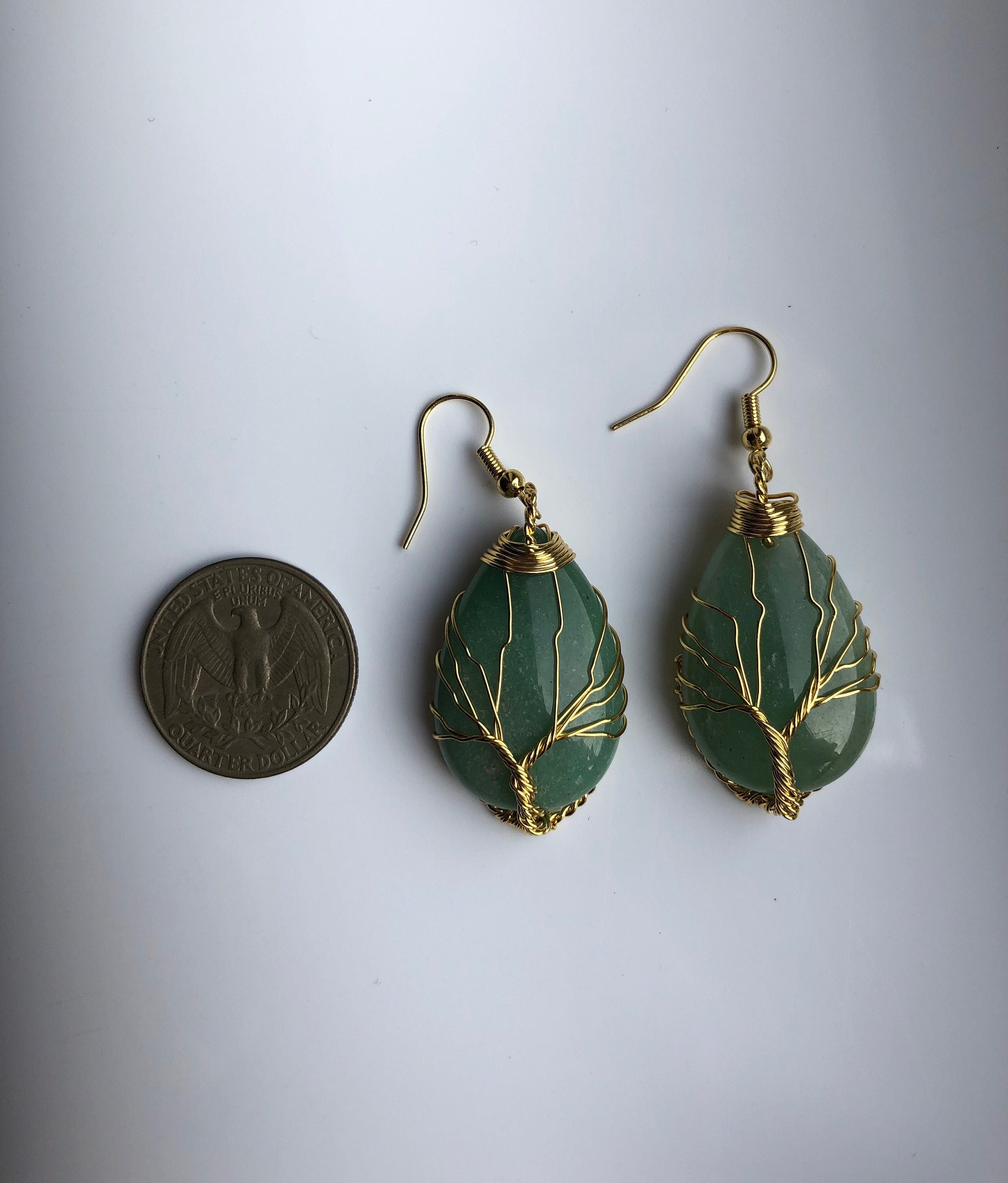 Green Jade Tree of Life Earrings - Green or Pink Teardrop Pendant.Gold Tree of Life.Boho Jewelry.Wire Wrap jewelry.Birthstone Gift for her