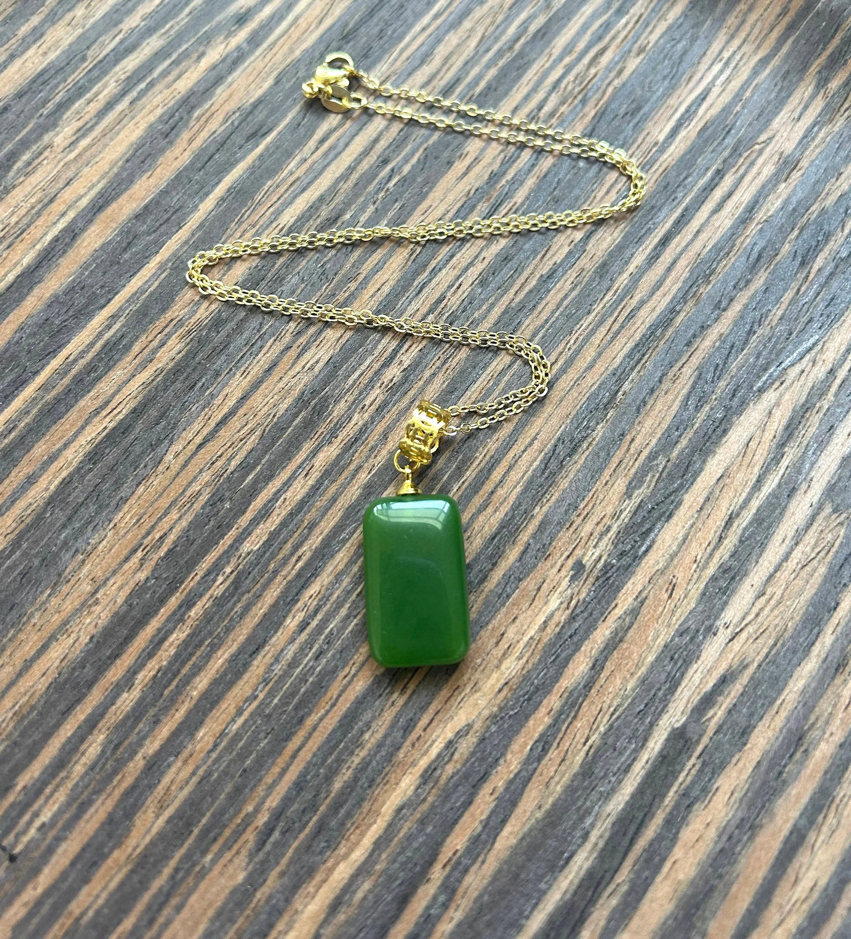 Square Green Jade Necklace.Minimalistic gold Jade cube Pendant 16''.Simple Jade Jewelry.Small Jade Pendant.Real Chinese Jade.Gift for her.