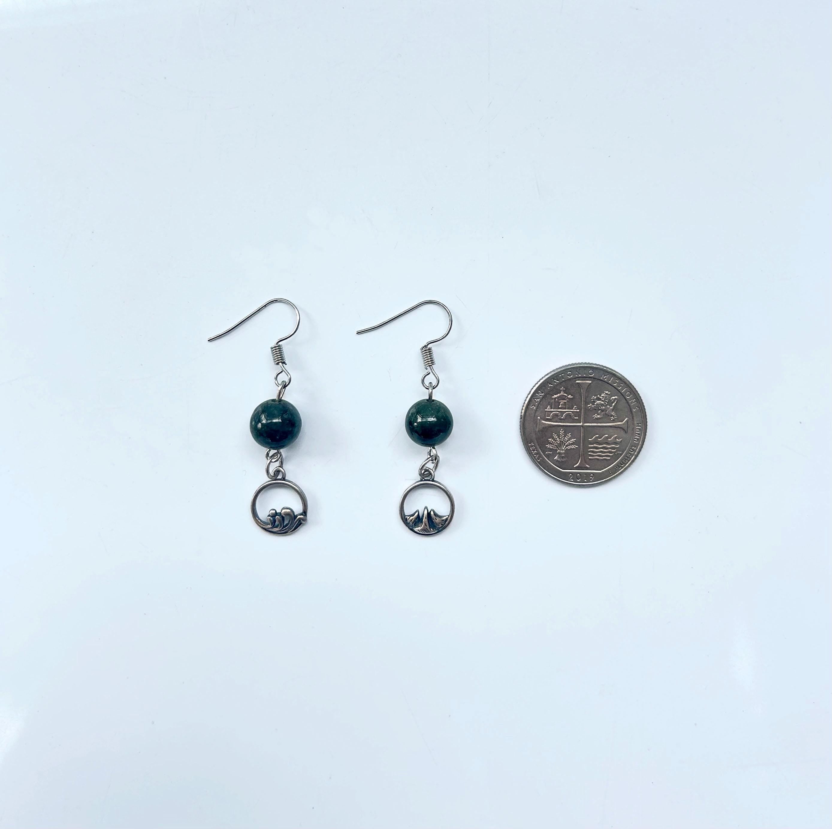 Dark Green Jade Bead Earrings,Real Jade Jewelry, Sterling Silver Jewelry, Asymmetric Mountain & Ocean Symbols,Gift for Outdoor Lovers.Unique