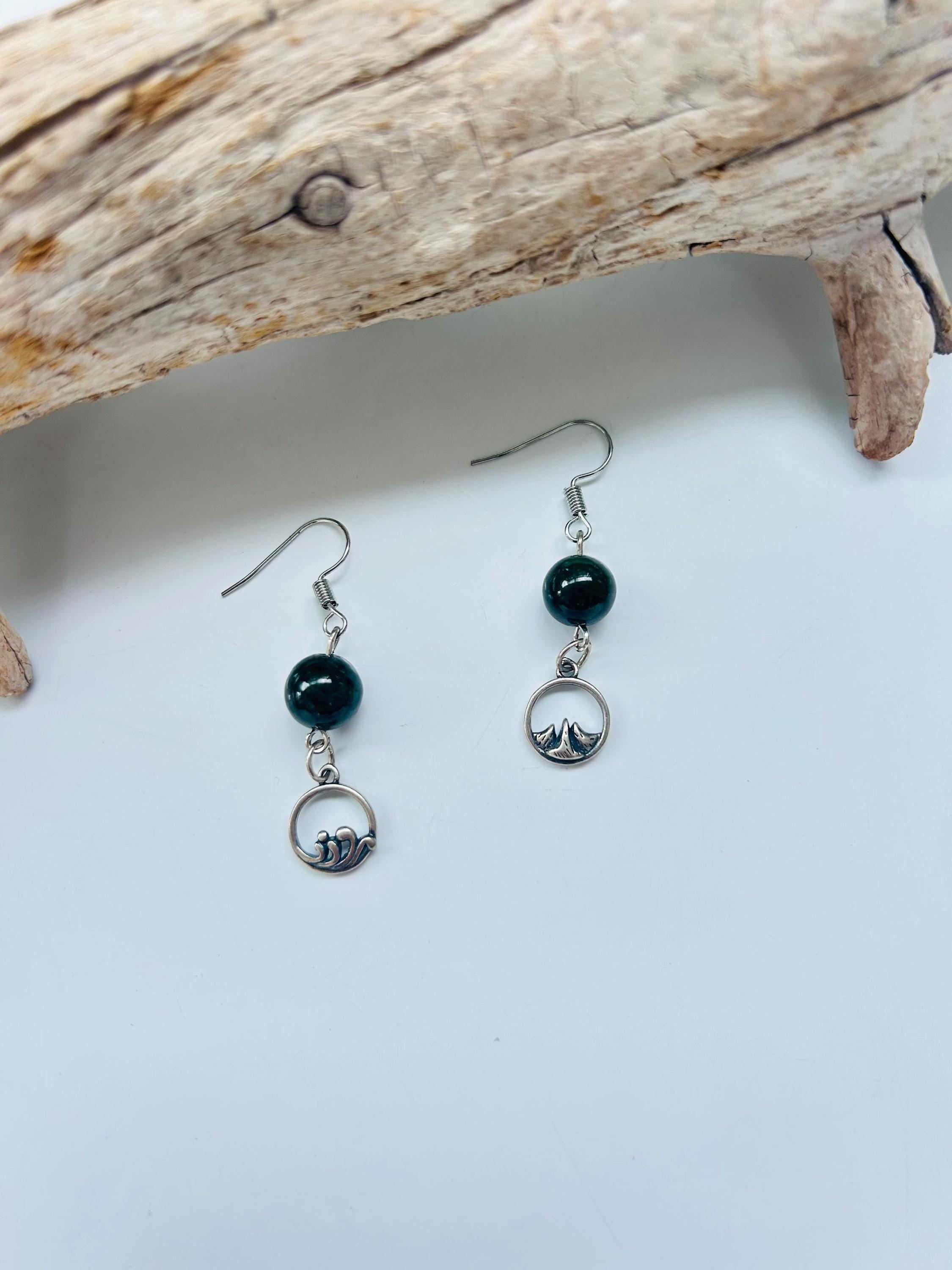 Dark Green Jade Bead Earrings,Real Jade Jewelry, Sterling Silver Jewelry, Asymmetric Mountain & Ocean Symbols,Gift for Outdoor Lovers.Unique