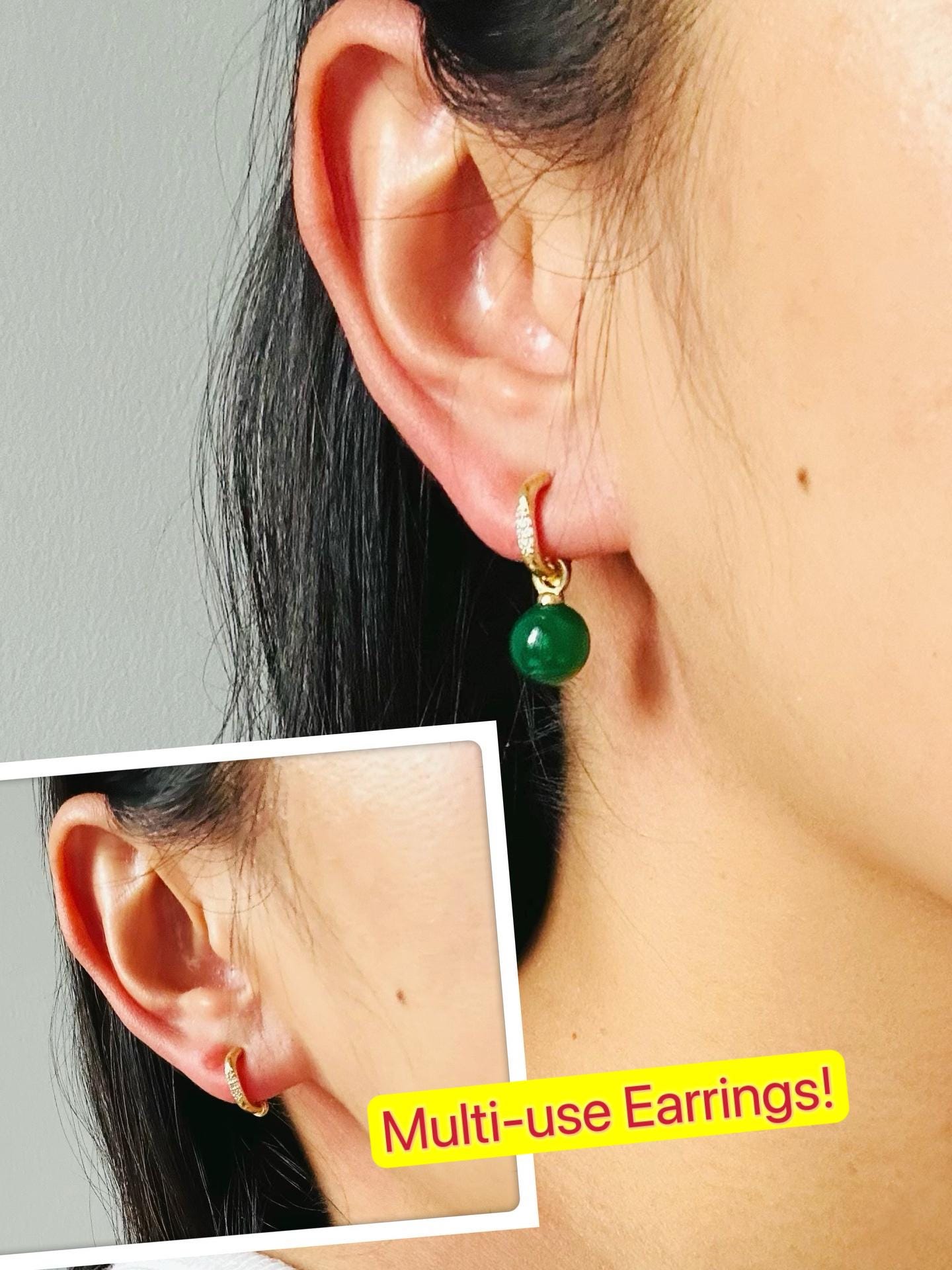 Multi-use Non-Piercing Jade Drop Earrings.Green Gold Clip-on Earring.Comfortable Cushioned Earrings.Genuine Jade Dangle Earrings.Gift