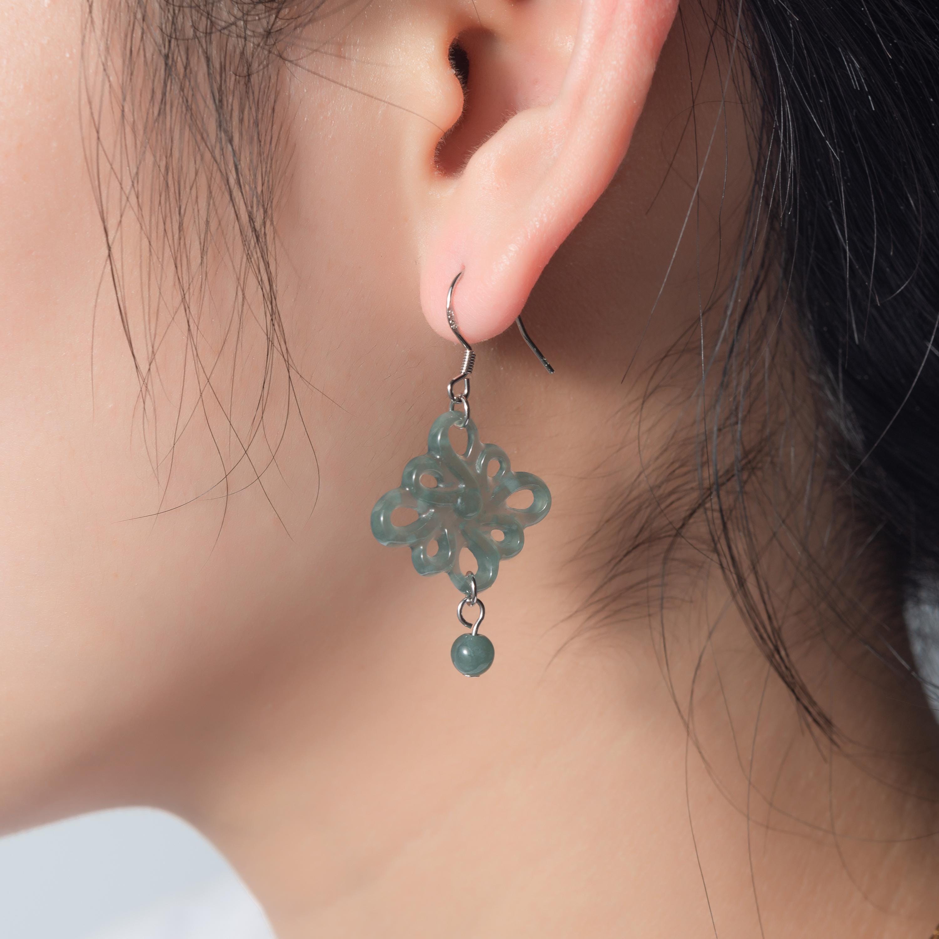 Real Green Jadeite Flower Earrings.Natural Chinese Knots Jade earrings.Jade Dangle Earrings Sterling Silver.Hand Carved Jade.Christmas Gift