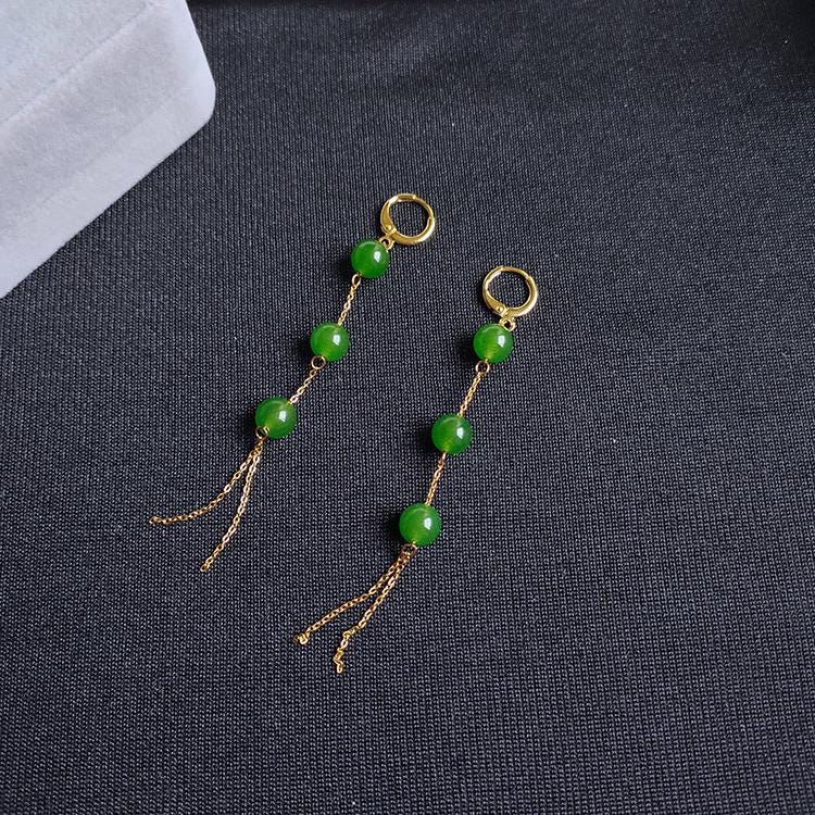 Lange Jade Perlen Ohrringe.Grüne Jade Punkte Schmuck.Echte Jade Ohrringe.Gold Jade Schmuck.Chinesische Jade Ohrringe.Gold Quaste Ohrringe.Geschenk