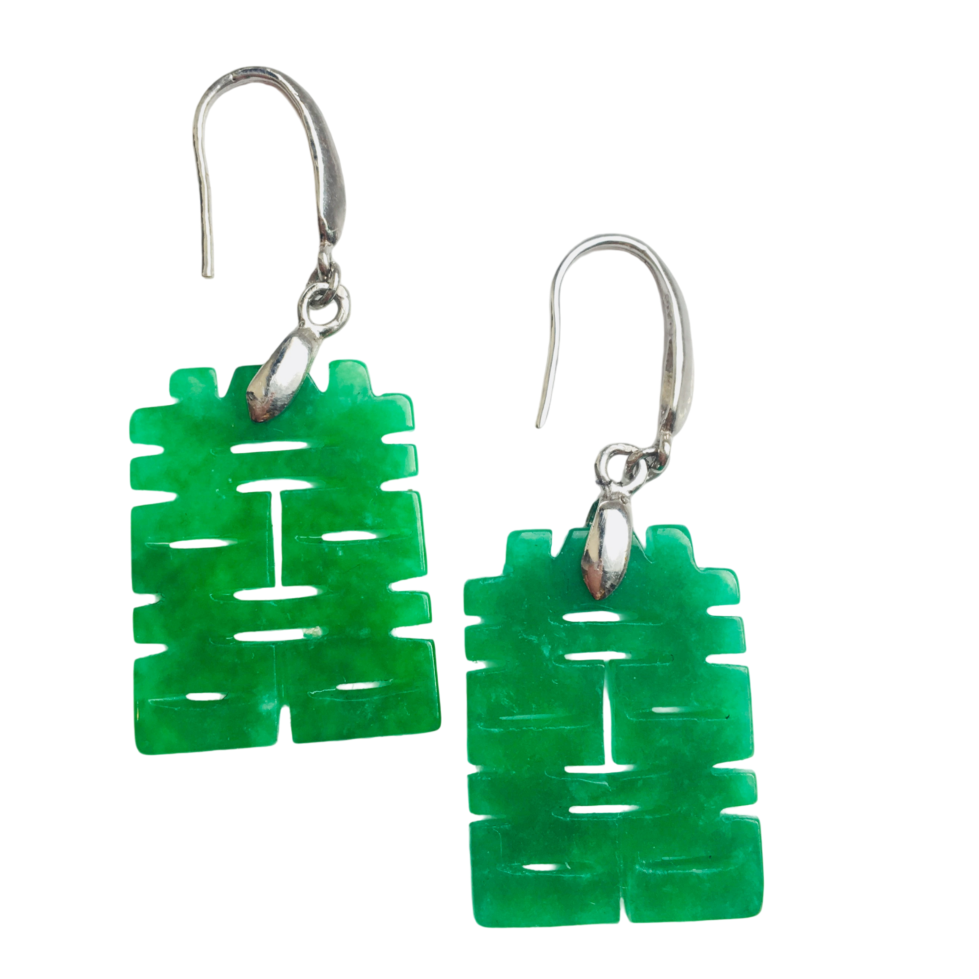 Big Green Jade Double Happiness Earrings – Chinese Character Dangle Jewelry | Lucky Emerald Jade Gift