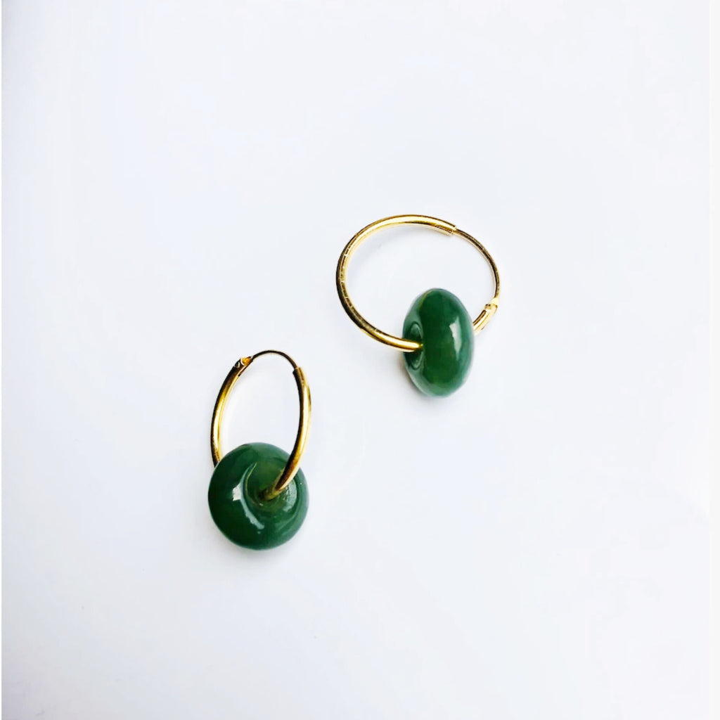 Mini 18k Gold Jade Donut Earrings.Small Green Jade Drop Hoop Earrings.Minimalist Tiny Jade Circle Jewelry.Natural Round Jade Earrings.Gift