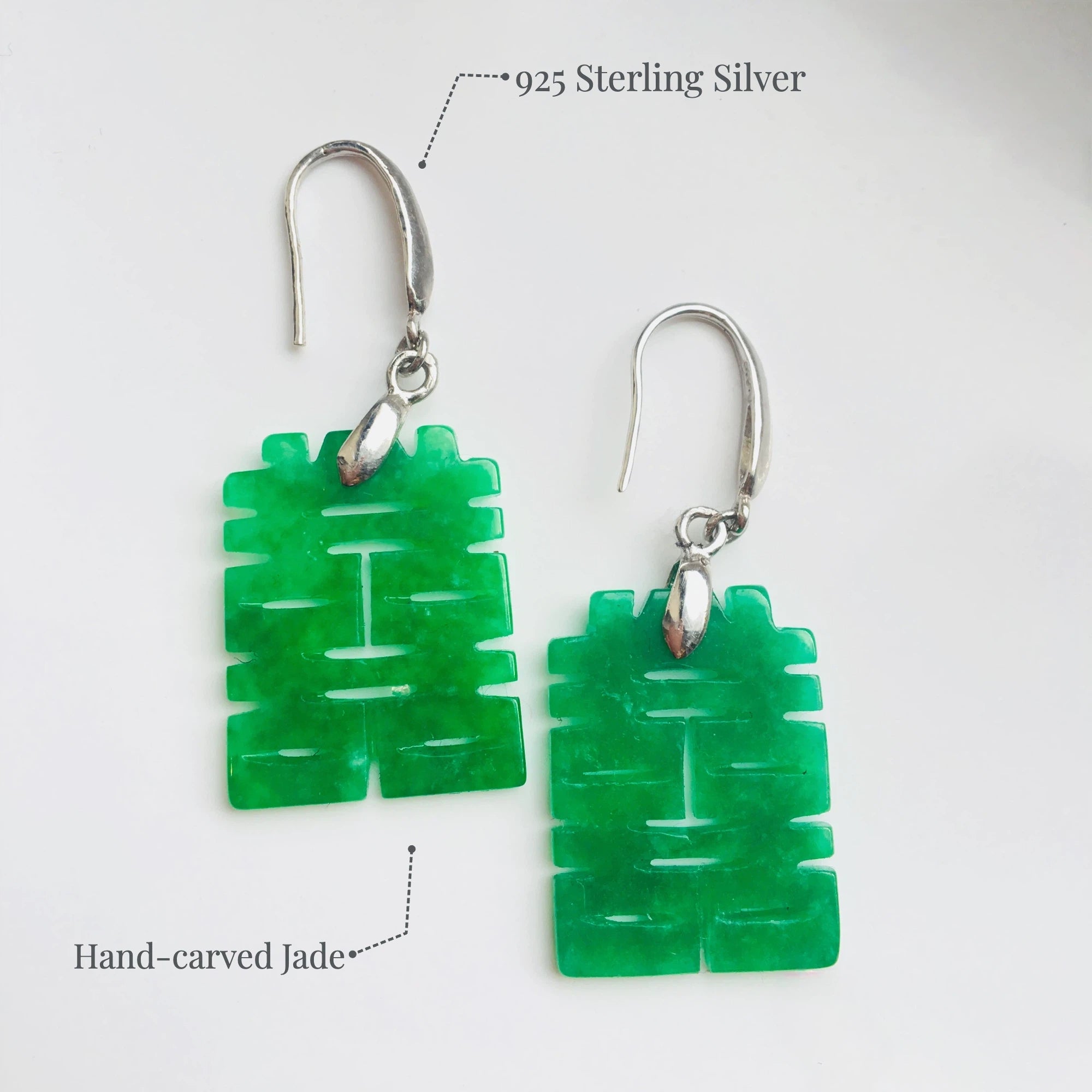 Big Green Jade Double Happiness Earrings – Chinese Character Dangle Jewelry | Lucky Emerald Jade Gift