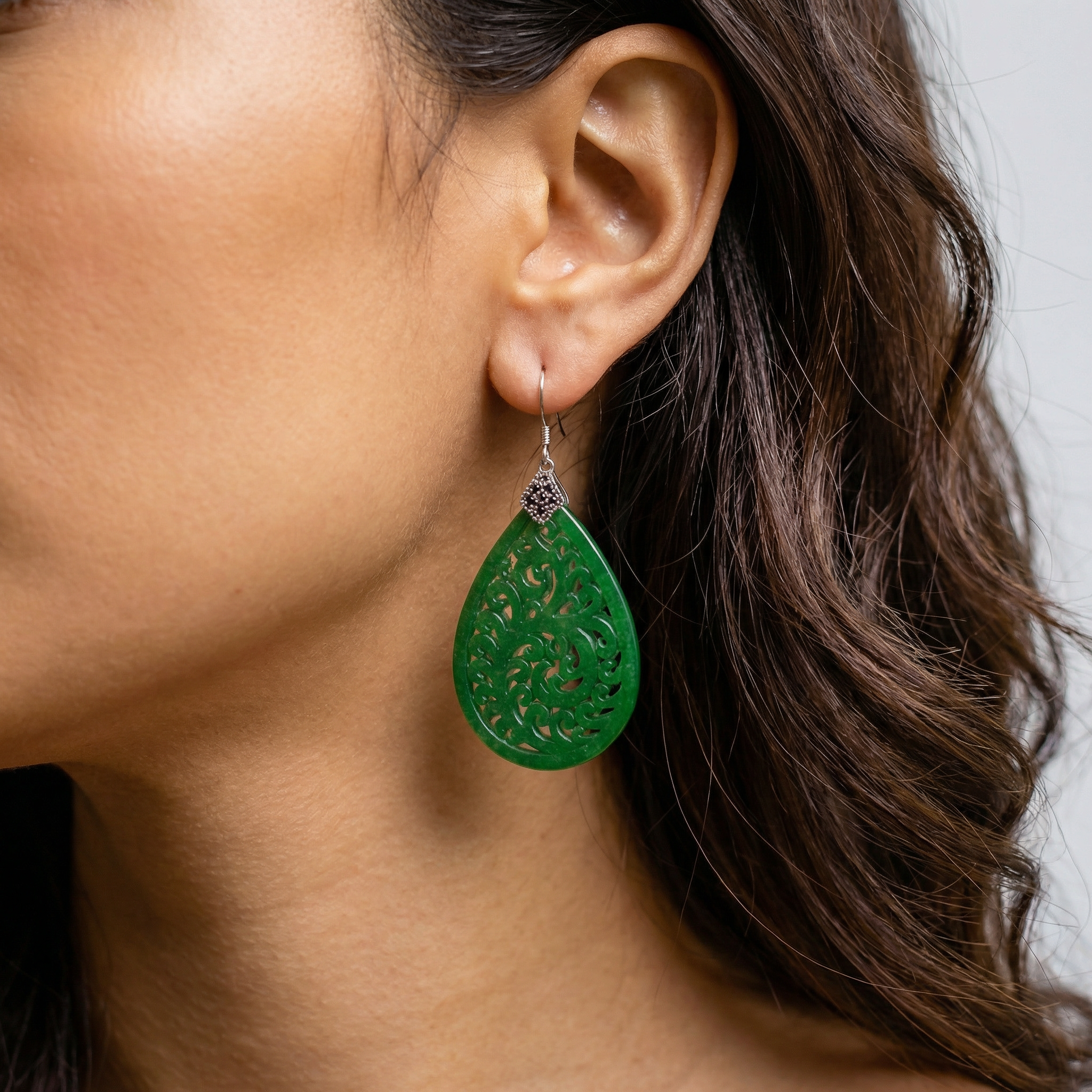 Vintage Carved Lace Green Jade Earrings – Dark Green Jade Teardrop Dangle Earrings | Sterling Silver Chinese Jewelry
