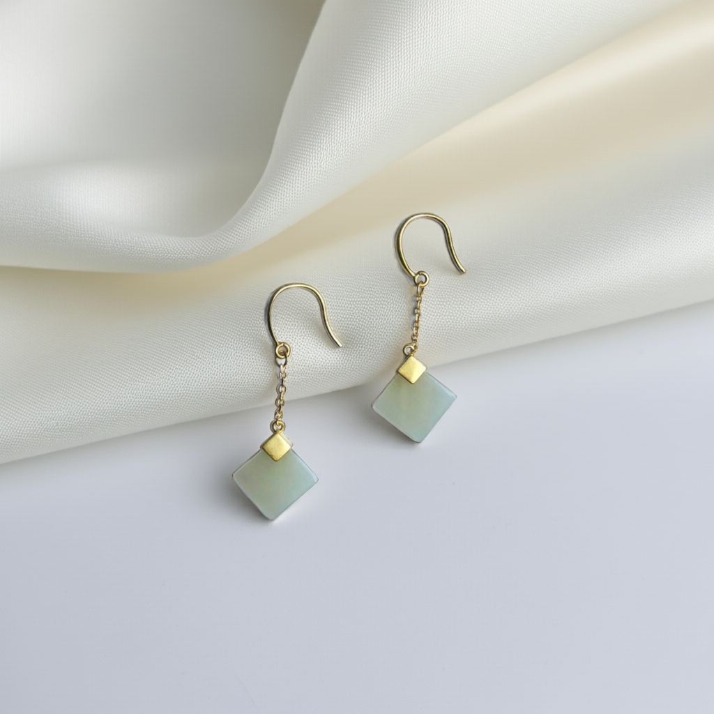 Square white jade hanging earrings.Gold Jade Cube Earrings.Dainty Jade Jewelry.Natural Jade Drop earring.Chinese Jade.Gift for her.Simple