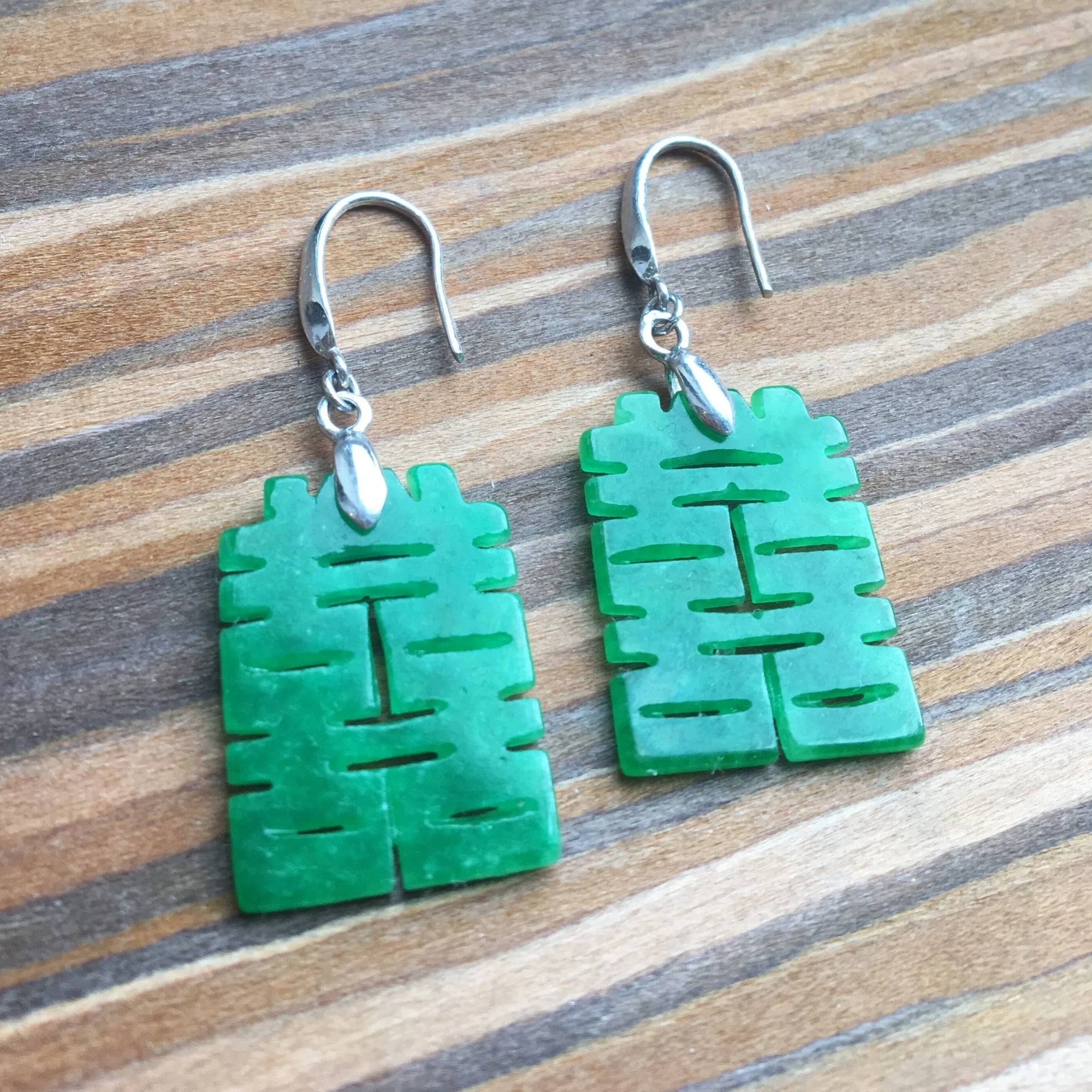 Big Green Jade Double Happiness Earrings – Chinese Character Dangle Jewelry | Lucky Emerald Jade Gift
