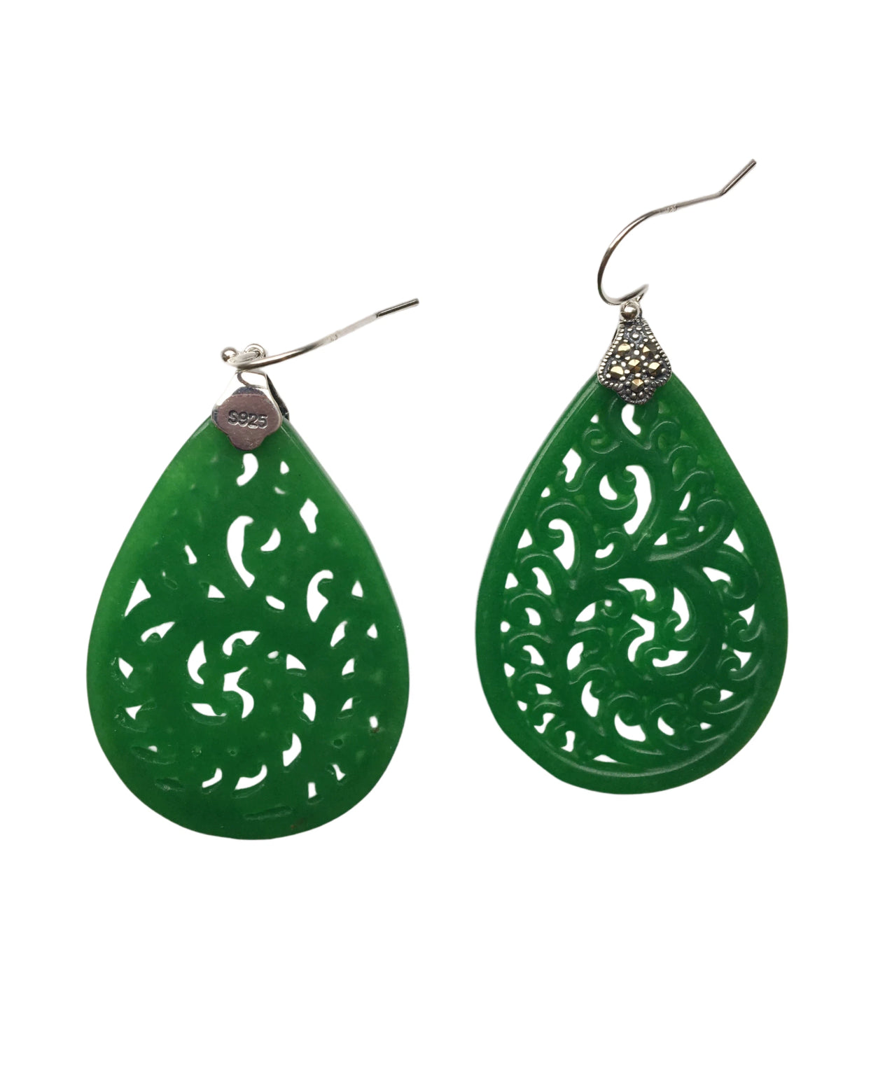 Vintage Carved Lace Green Jade Earrings – Dark Green Jade Teardrop Dangle Earrings | Sterling Silver Chinese Jewelry