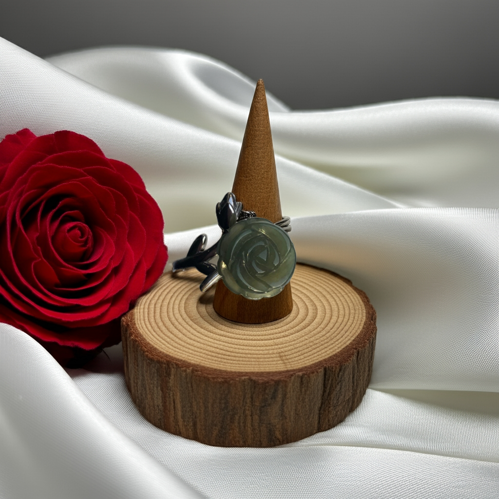 Adjustable Green & White Jade Rose Ring – Silver Flower & Leaf Design | Natural Jade Floral Jewelry