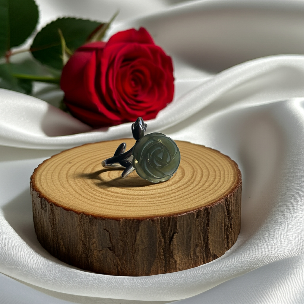 Adjustable Green & White Jade Rose Ring – Silver Flower & Leaf Design | Natural Jade Floral Jewelry