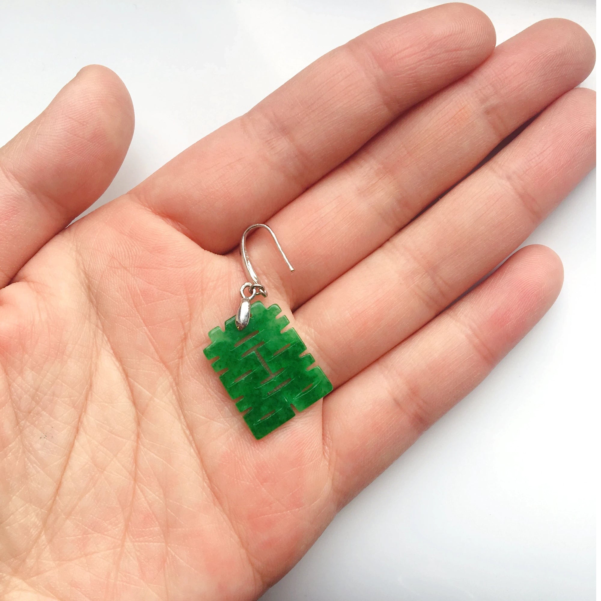 Big Green Jade Double Happiness Earrings – Chinese Character Dangle Jewelry | Lucky Emerald Jade Gift