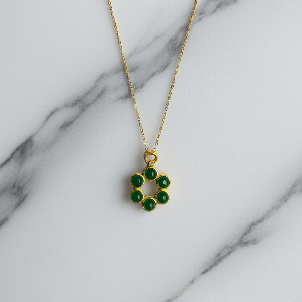 Dark Green Jade Hexagram Pendant – 18K Gold Plated Spiritual Necklace