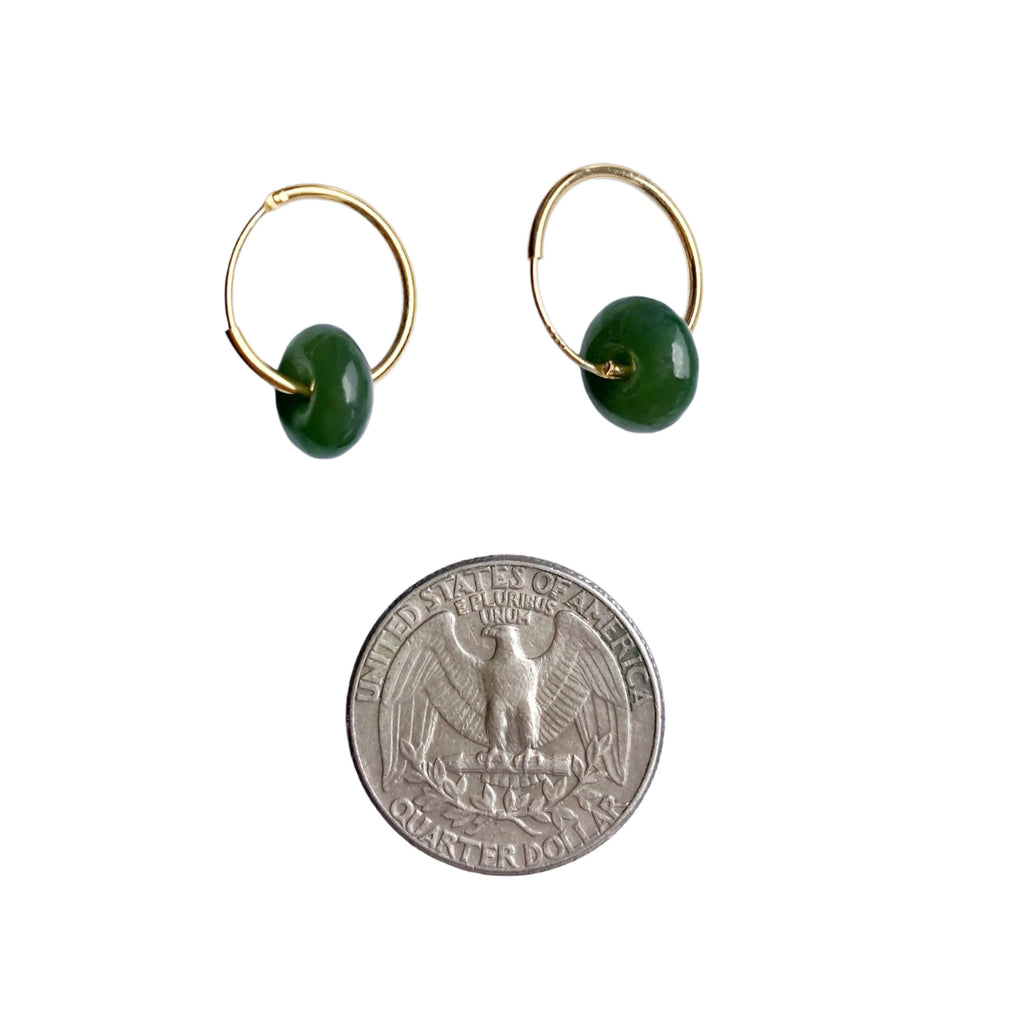 Mini 18k Gold Jade Donut Earrings.Small Green Jade Drop Hoop Earrings.Minimalist Tiny Jade Circle Jewelry.Natural Round Jade Earrings.Gift