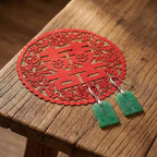 Big Green Jade Double Happiness Earrings – Chinese Character Dangle Jewelry | Lucky Emerald Jade Gift