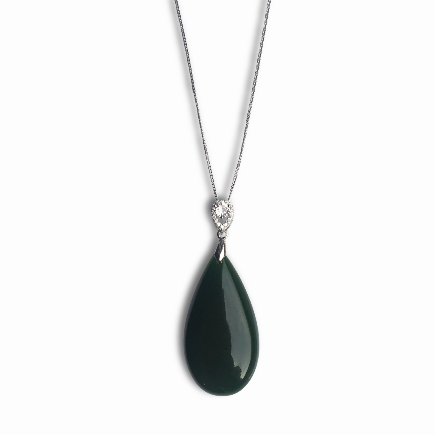 Necklace with a green teardrop pendant on a white background