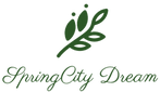 Logo of Spring City Dream with green leaves and text on a white background
