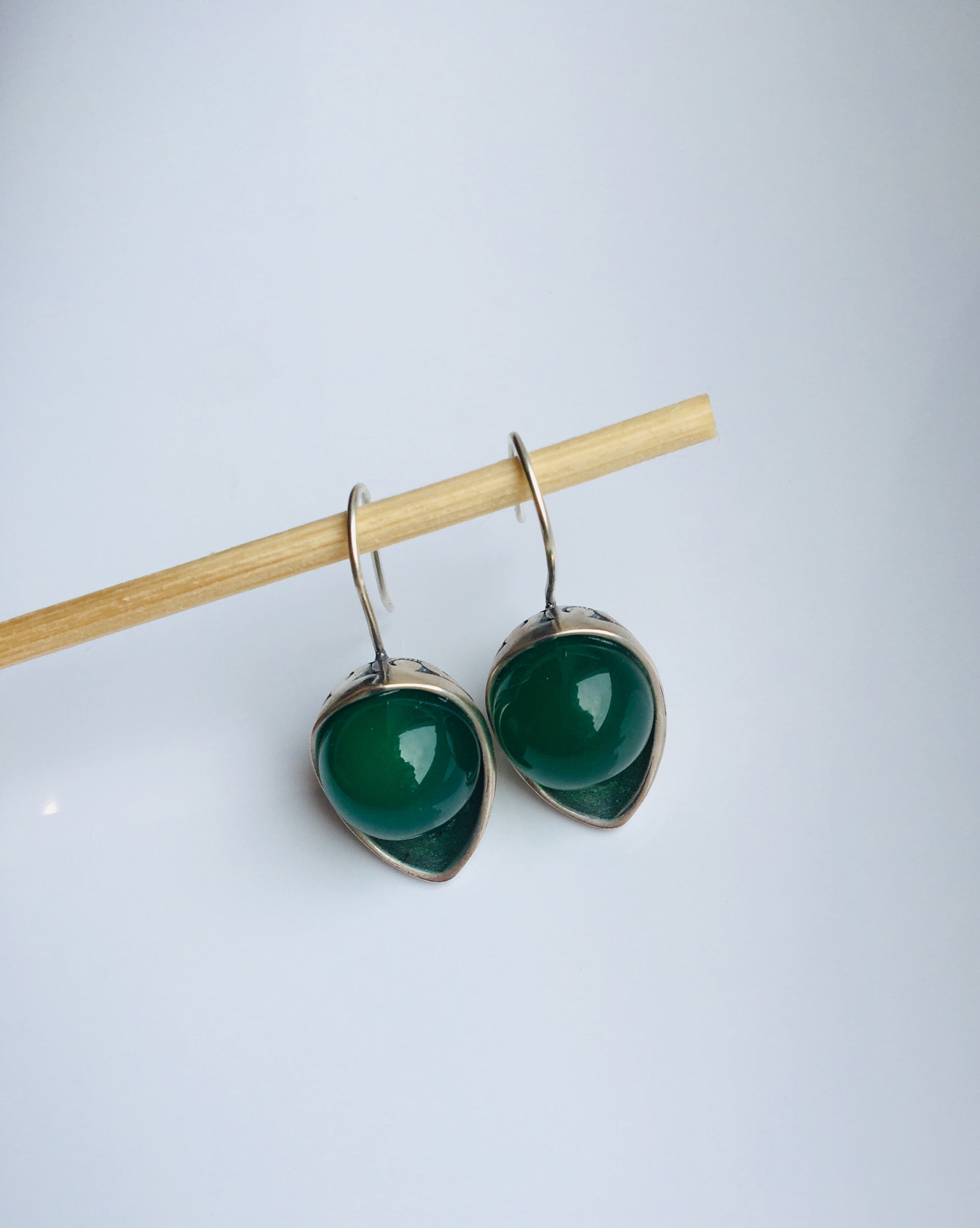 Half Moon Green Jade Earrings | with Intricate Sterling Silver Lace Design