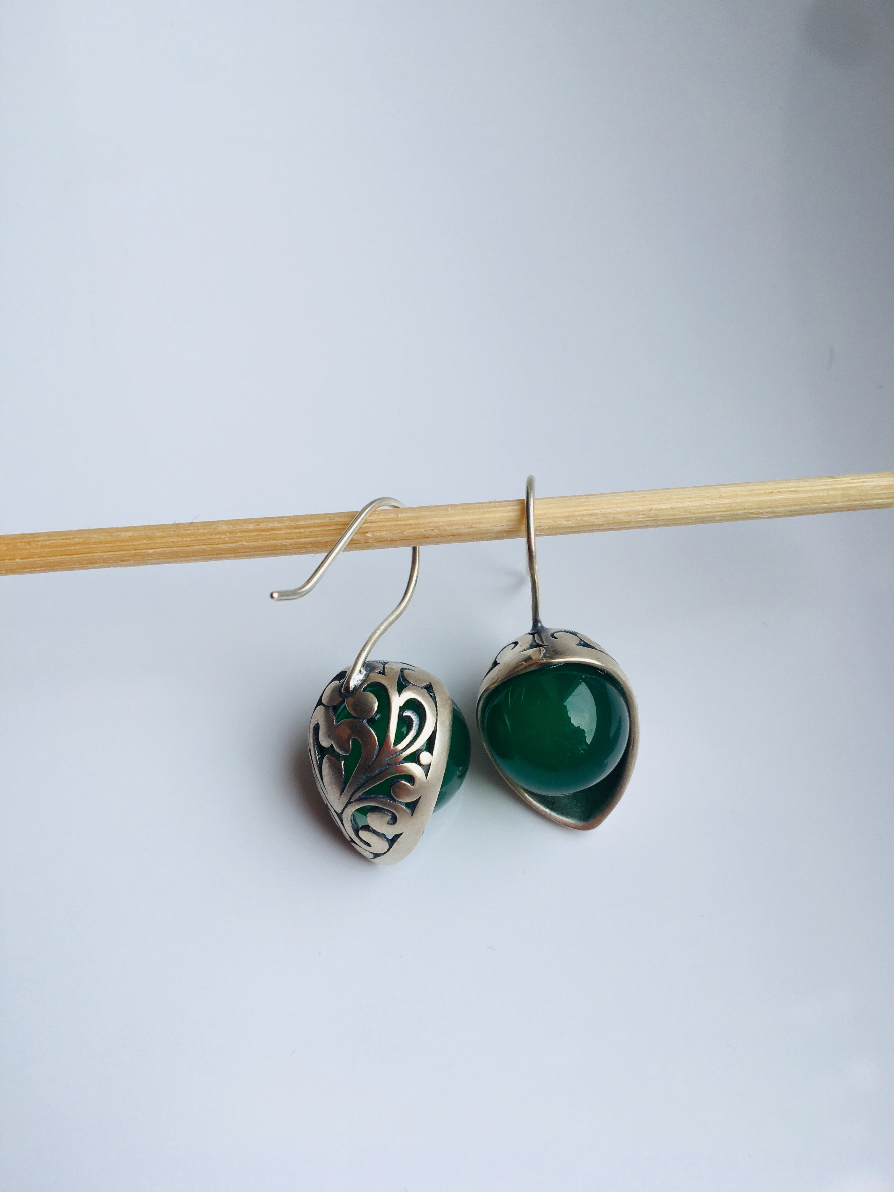 Half Moon Green Jade Earrings | with Intricate Sterling Silver Lace Design