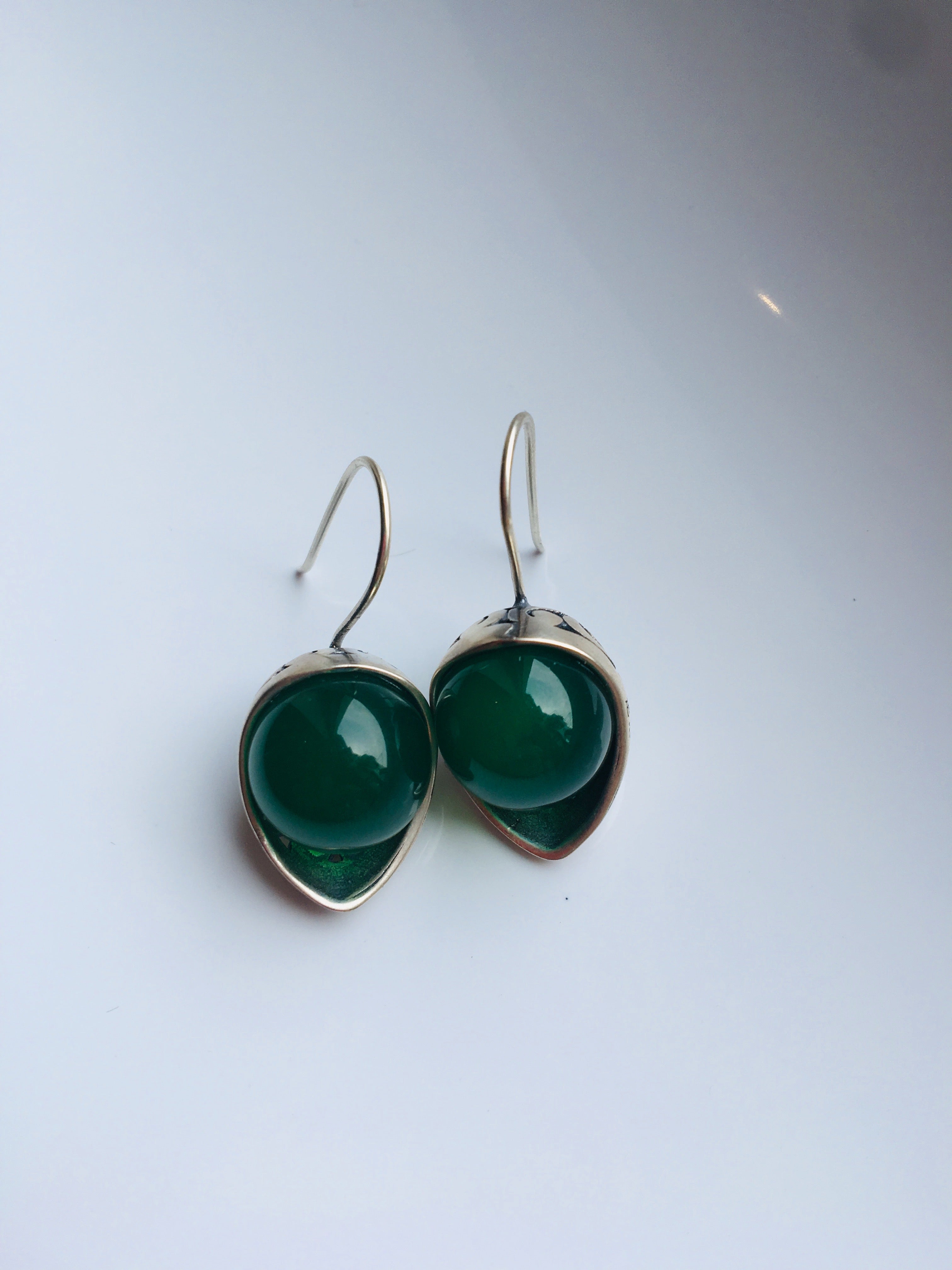 Half Moon Green Jade Earrings | with Intricate Sterling Silver Lace Design