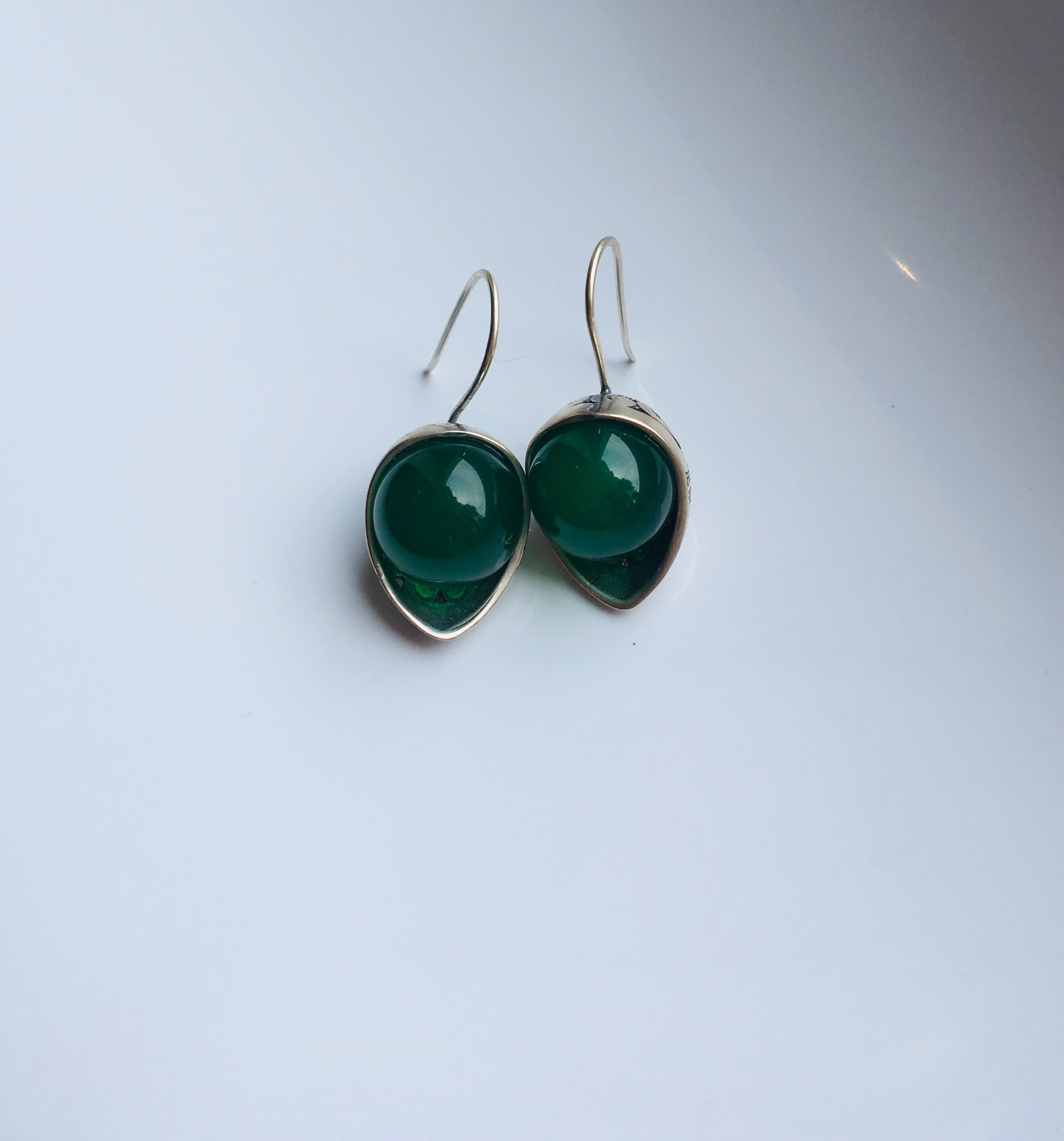 Half Moon Green Jade Earrings | with Intricate Sterling Silver Lace Design