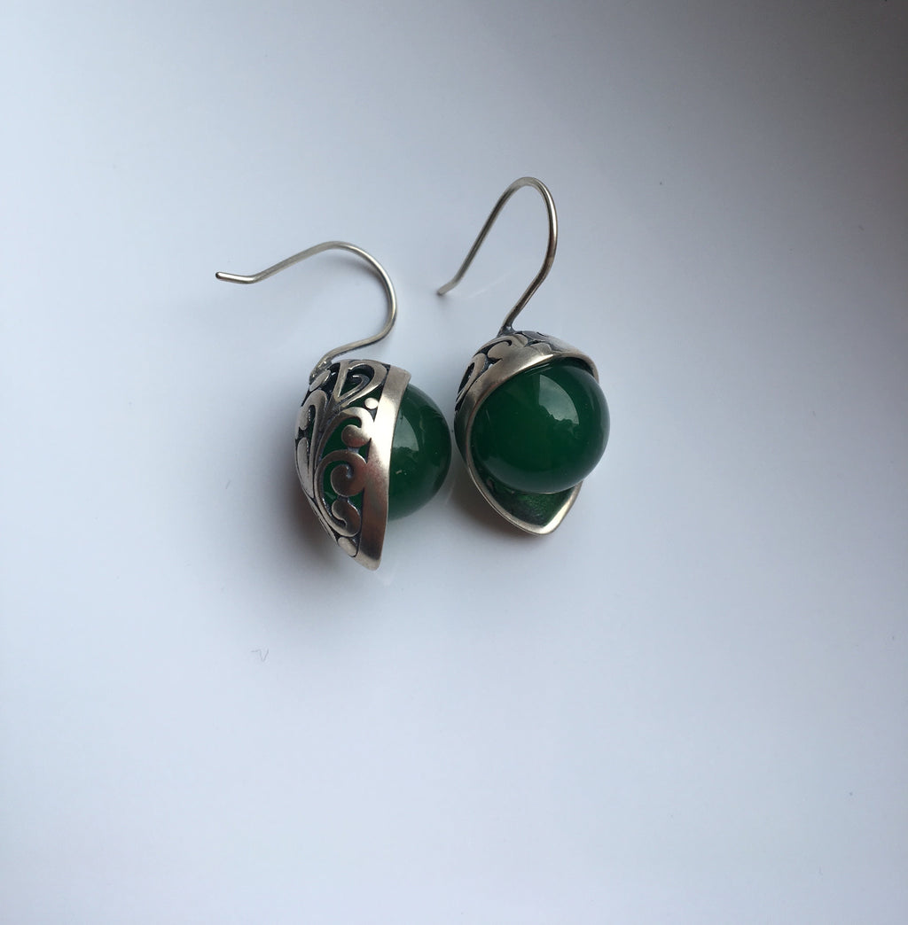 Half Moon Green Jade Earrings | with Intricate Sterling Silver Lace Design