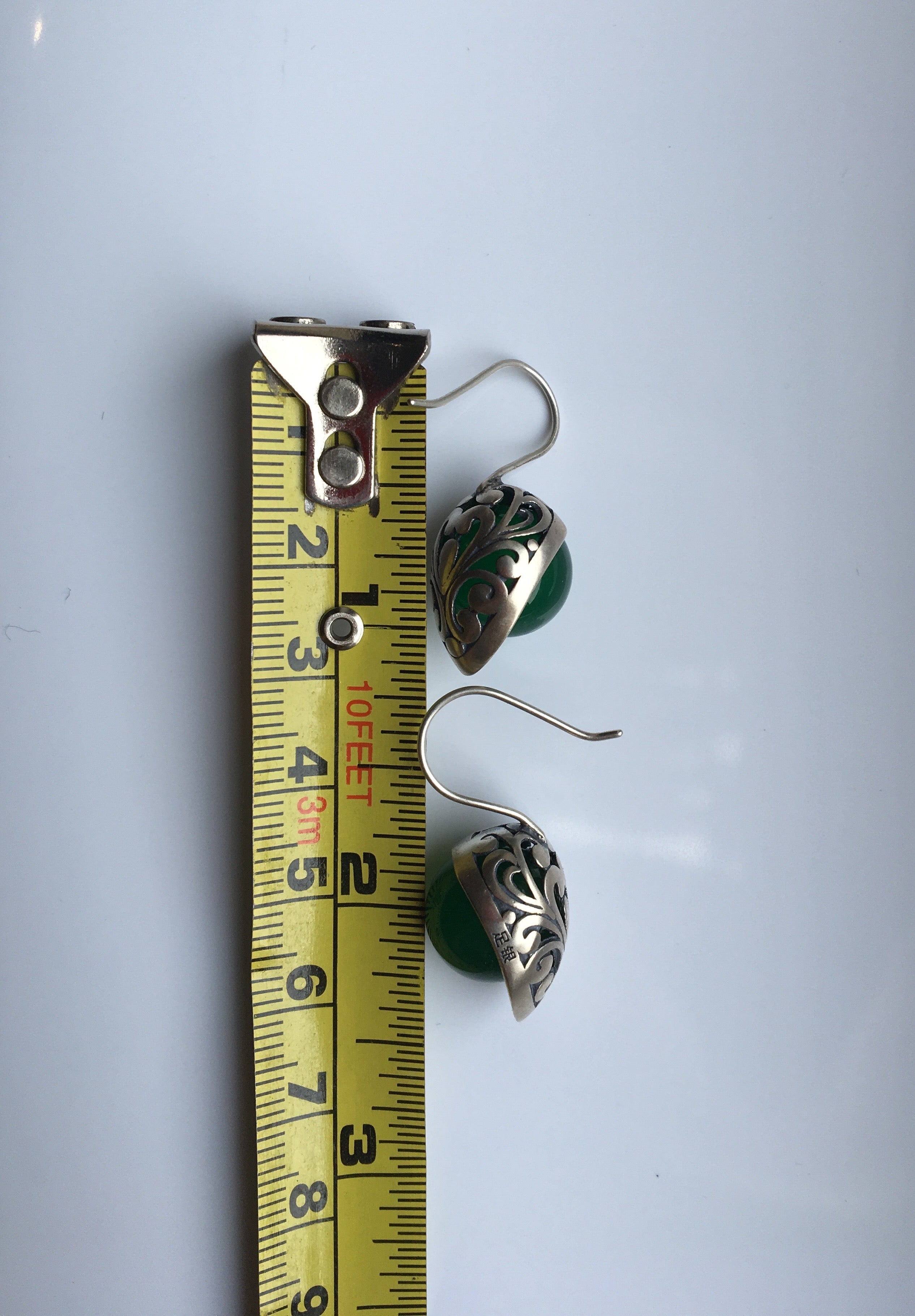 Half Moon Green Jade Earrings | with Intricate Sterling Silver Lace Design