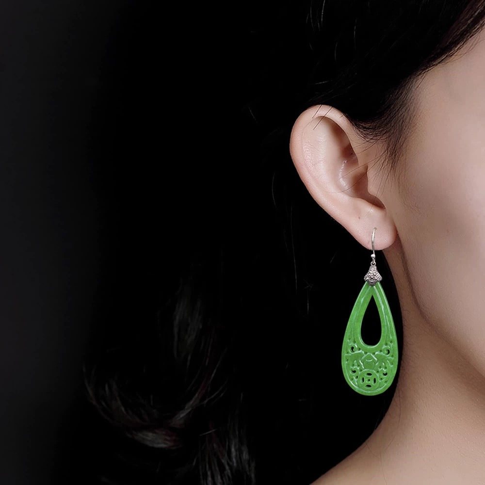 Big Green Carved Jade Teardrop Earrings – Vintage Silver Dangle Jewelry | Chinese Emerald Jade Drop Earrings