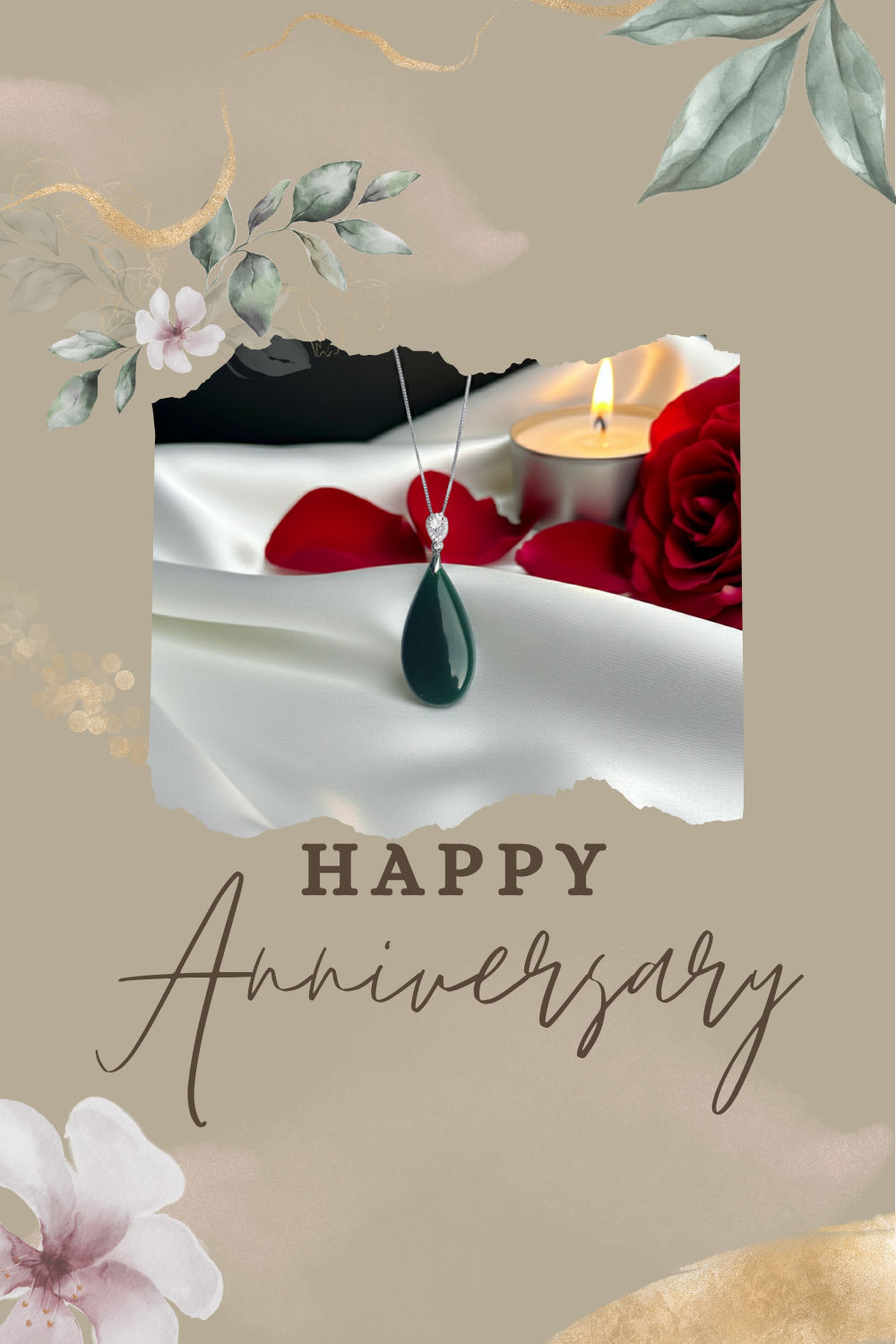 Greeting card with 'Happy Anniversary' text, candle, red rose, and green pendant on beige background.