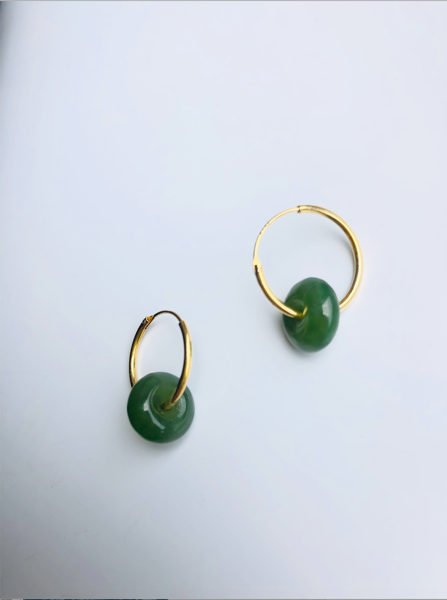 Mini 18k Gold Jade Donut Earrings.Small Green Jade Drop Hoop Earrings.Minimalist Tiny Jade Circle Jewelry.Natural Round Jade Earrings.Gift