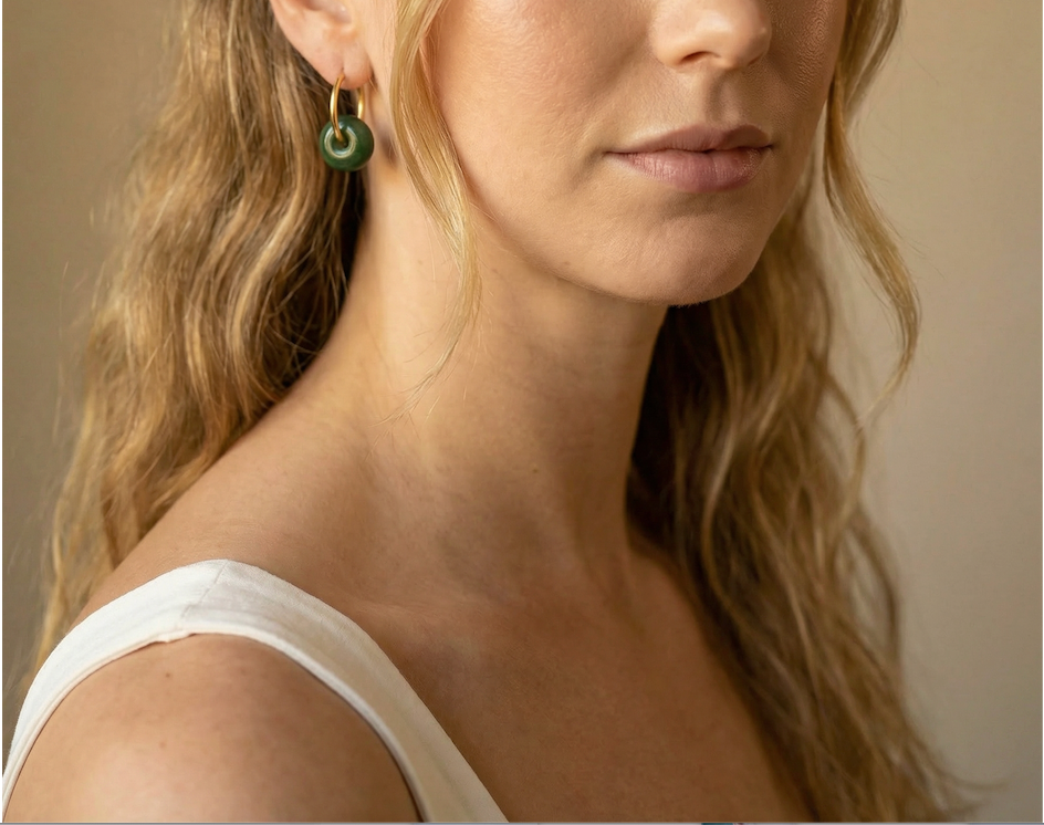 Mini 18k Gold Jade Donut Earrings.Small Green Jade Drop Hoop Earrings.Minimalist Tiny Jade Circle Jewelry.Natural Round Jade Earrings.Gift
