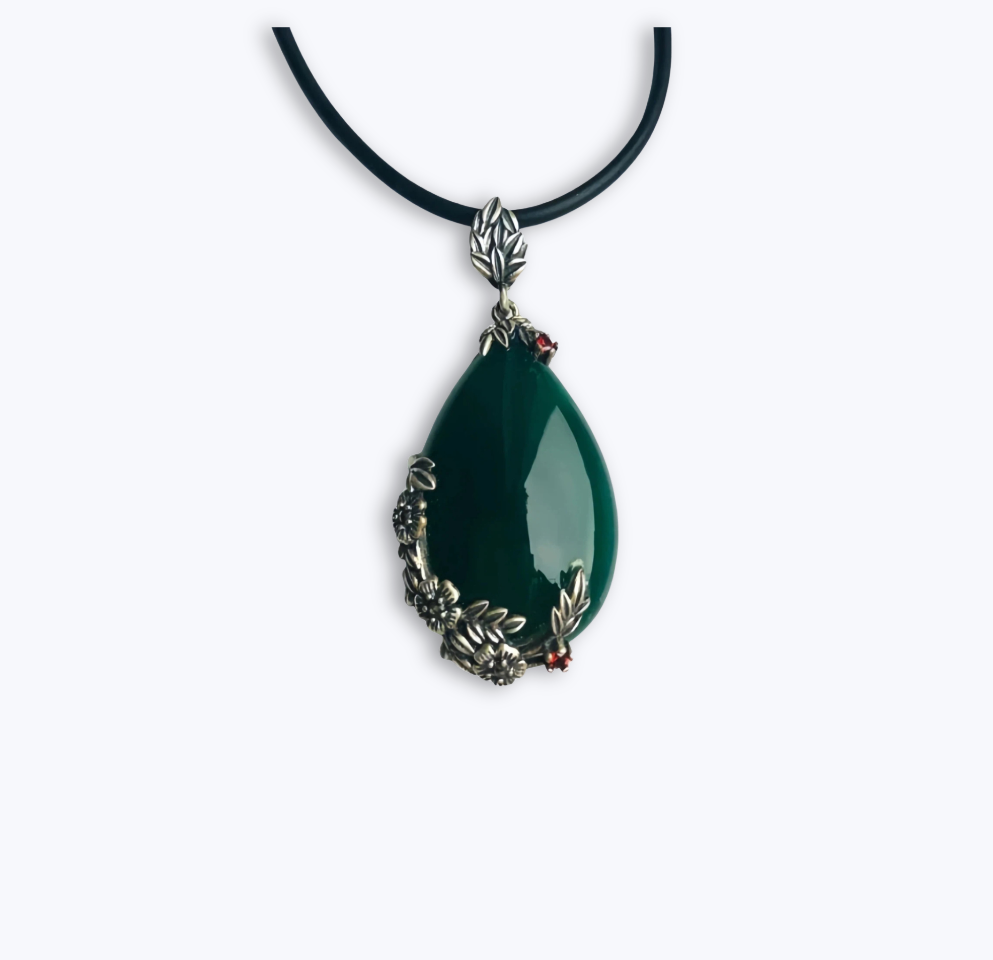 Floral Teardrop Jade Pendant Necklace – Vintage Dark Green Jade in Silver | Green Gemstone Gift for Her