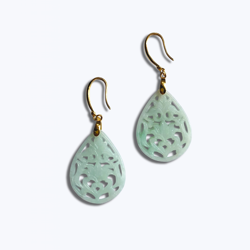 Light Green Jade Lace Teardrop Earrings – Gold Vintage Dangle Jade Jewelry | Handmade Chinese Jade Gift