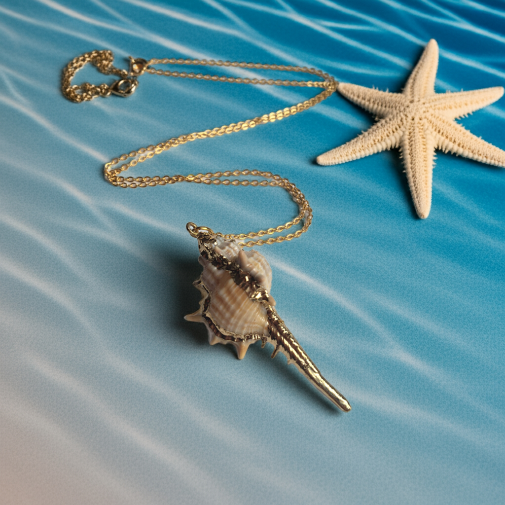 Front view of real conch shell necklace with 18k gold plated or silver chain