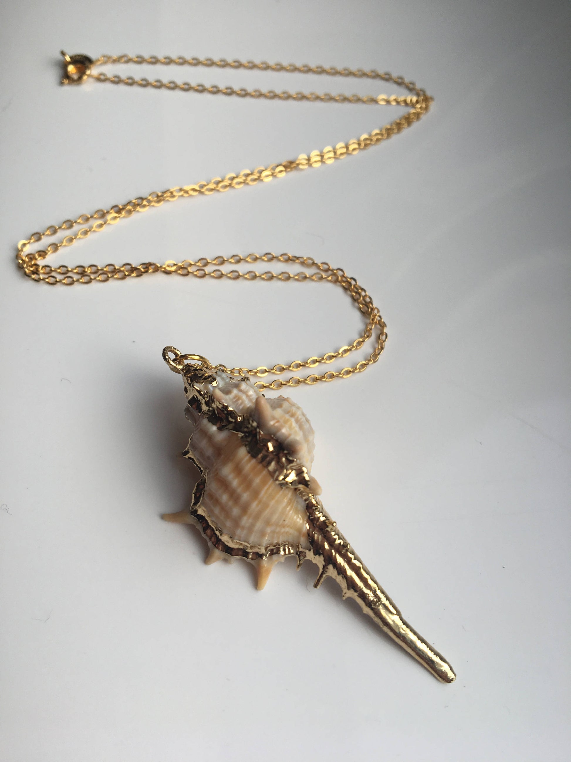 A natural conch shell necklace with 18k gold plated sterling silver chain.