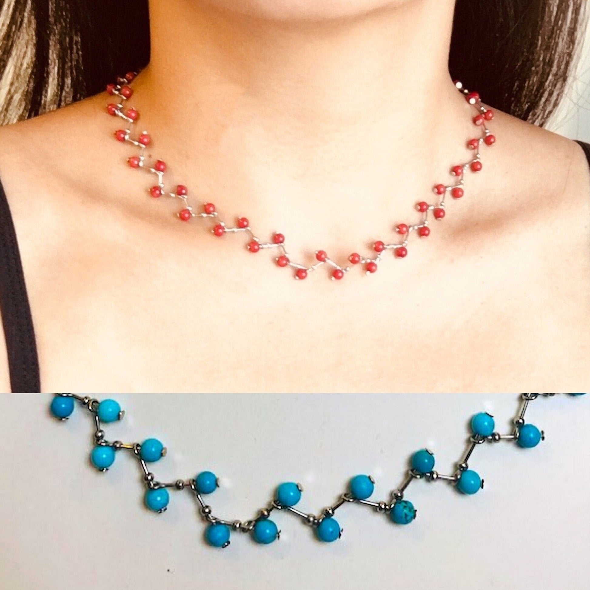 Front view of adjustable coral and turquoise necklace with zig-zag aqua in red and blue bead design