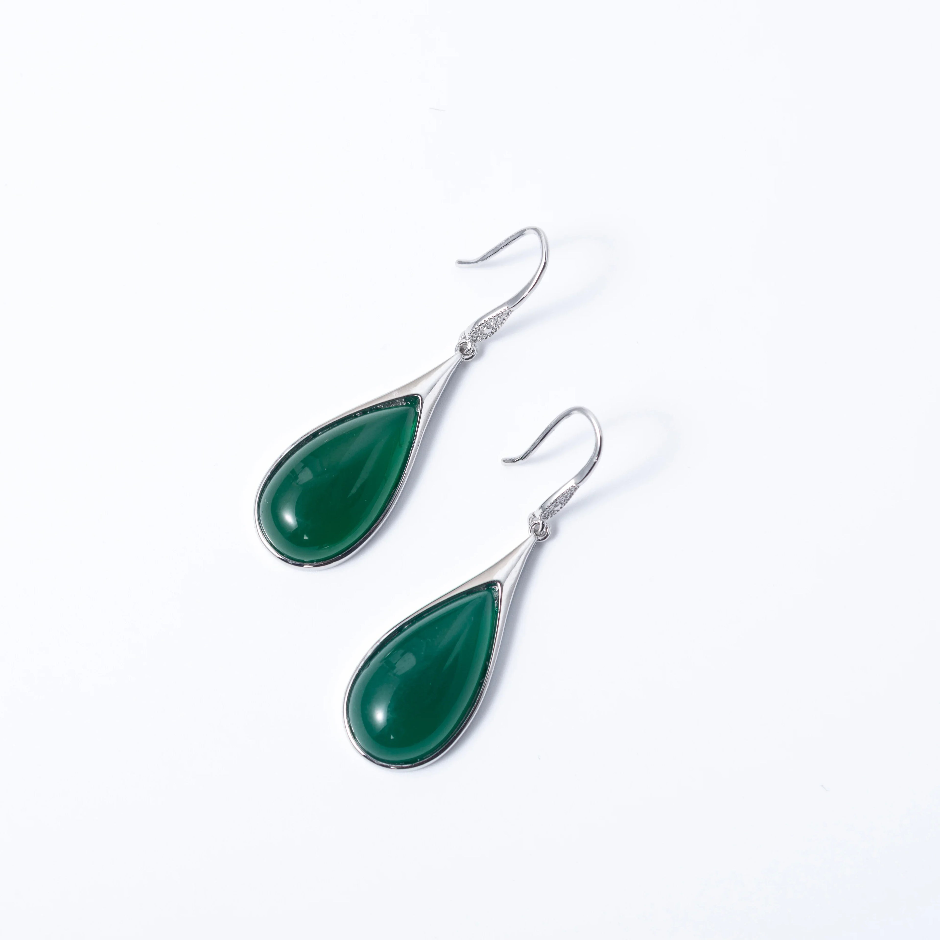 Dark green jade earrings with natural stone texture and glossy 925 sterling silver finish