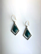Front view of dark green diamond-shaped jade earrings with sterling silver hoops