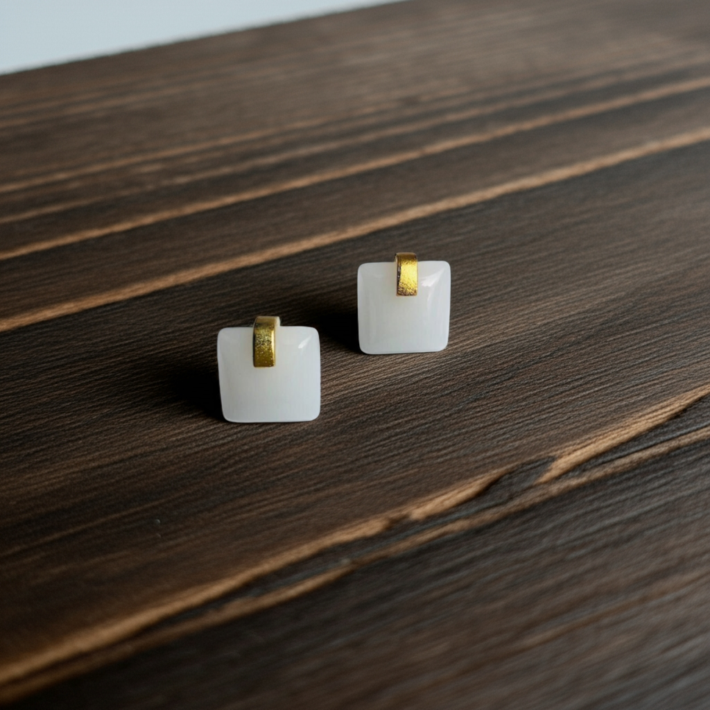 Modern square white jade stud earrings.Minimalist Gold Cube Earrings.18k Gold Plated Jewelry.Natural Chinese Jade Earrings.Gift for her