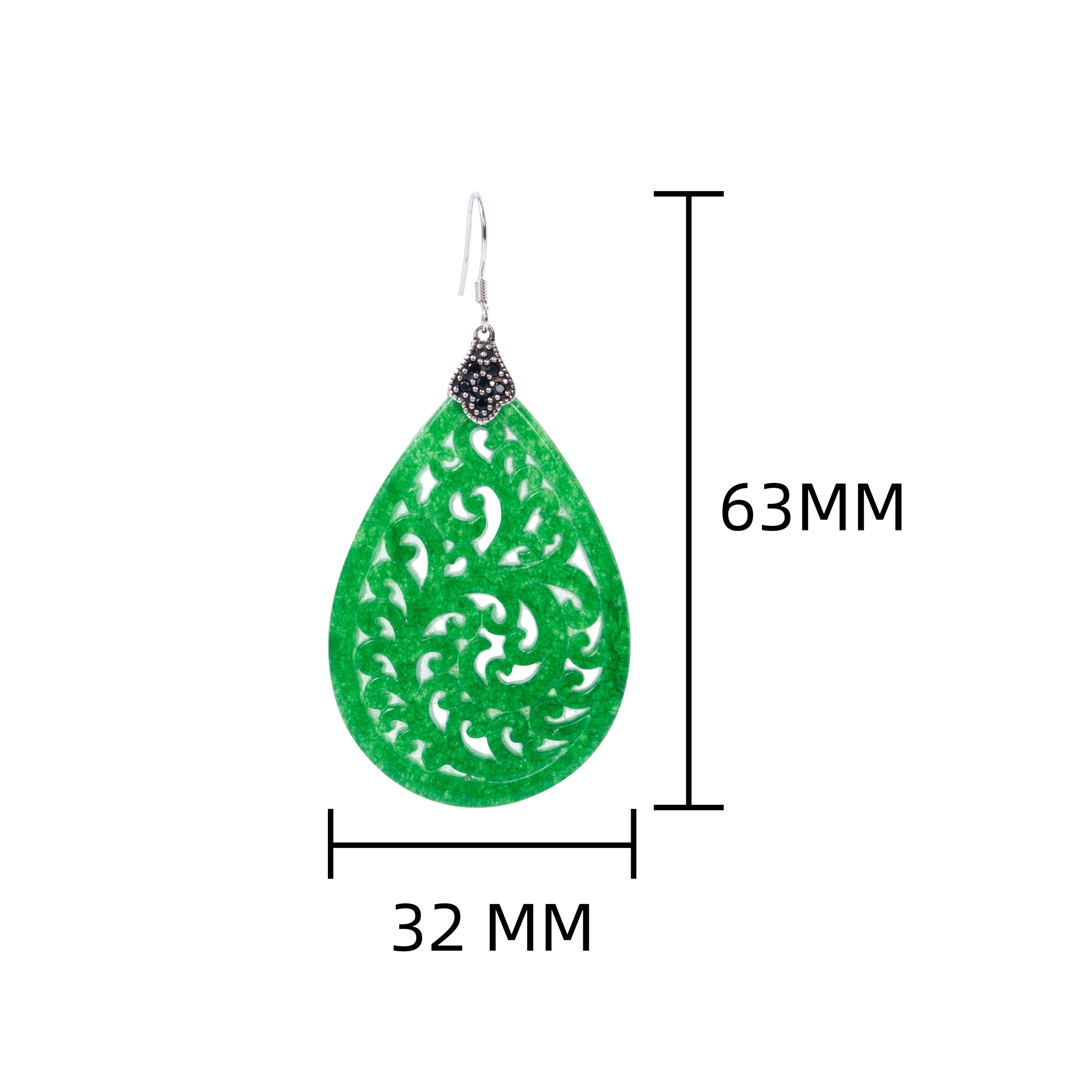 Gift-ready green jade earrings with sterling silver setting and bold teardrop shape size 63mmx32mm