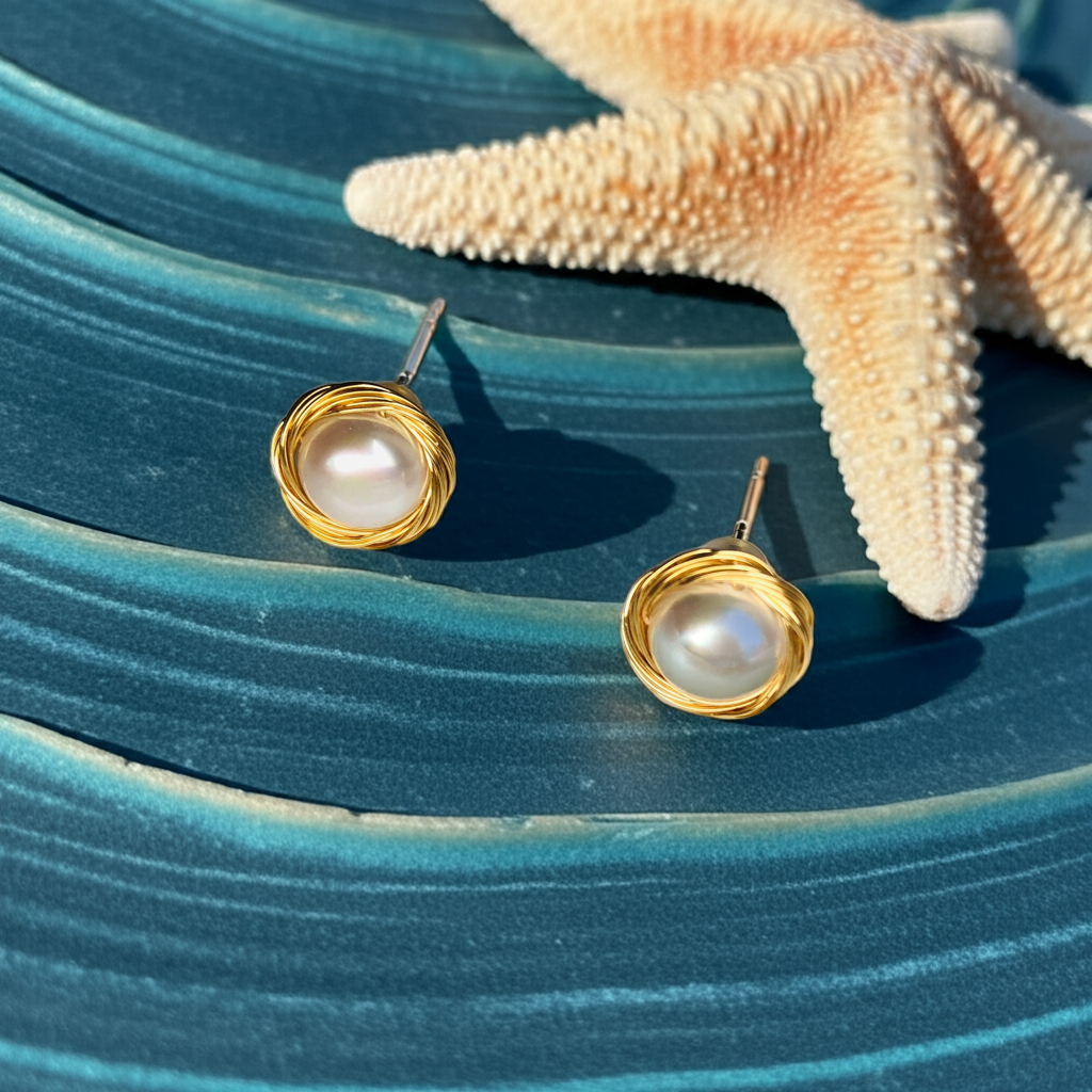 gold pearl stud earrings on a blue ocean like background with a star fish on the side