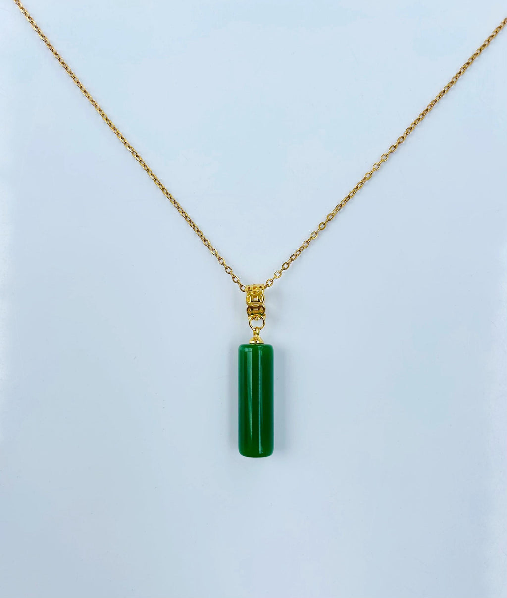 18 inch green jade pillar necklace with gold chain, front view of simple minimalist design