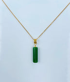 18 inch green jade pillar necklace with gold chain, front view of simple minimalist design