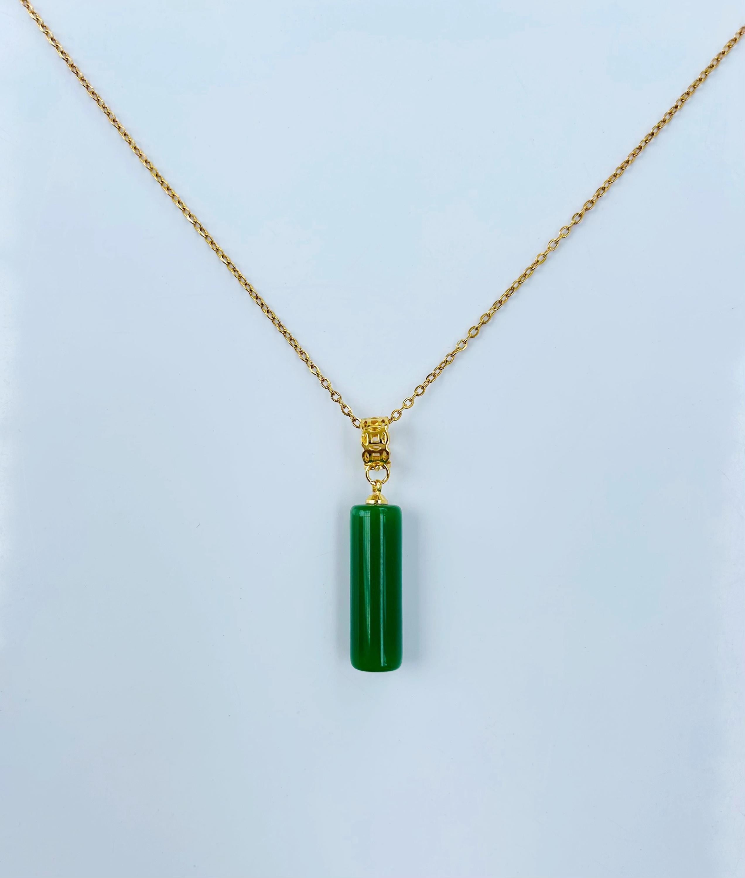 18 inch green jade pillar necklace with gold chain, front view of simple minimalist design