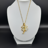 Front view of 18" white jade clover pendant necklace with 14k gold chain
