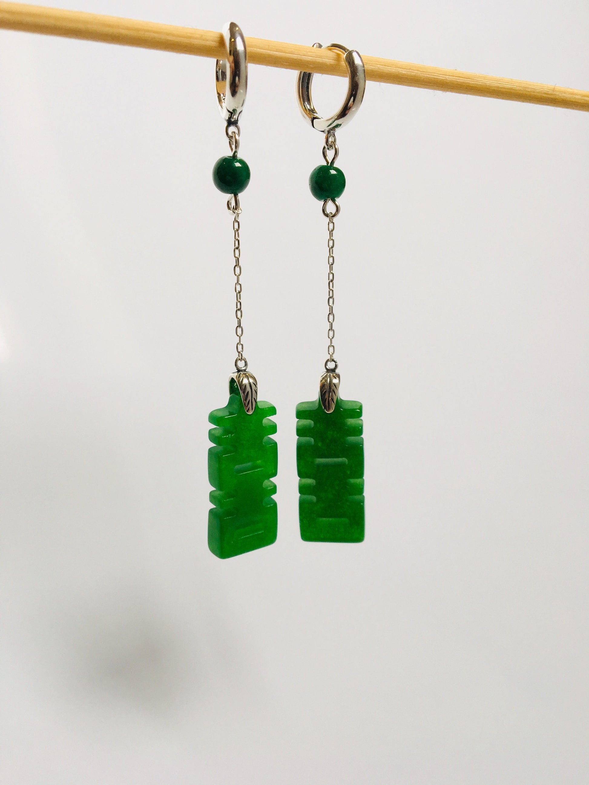 Long Dangle Chinese Character jade earrings.Dark Green Jade.Double Happiness Emerald Earrings.Lucky Stone Jewelry.Gift for Her.Vintage jade