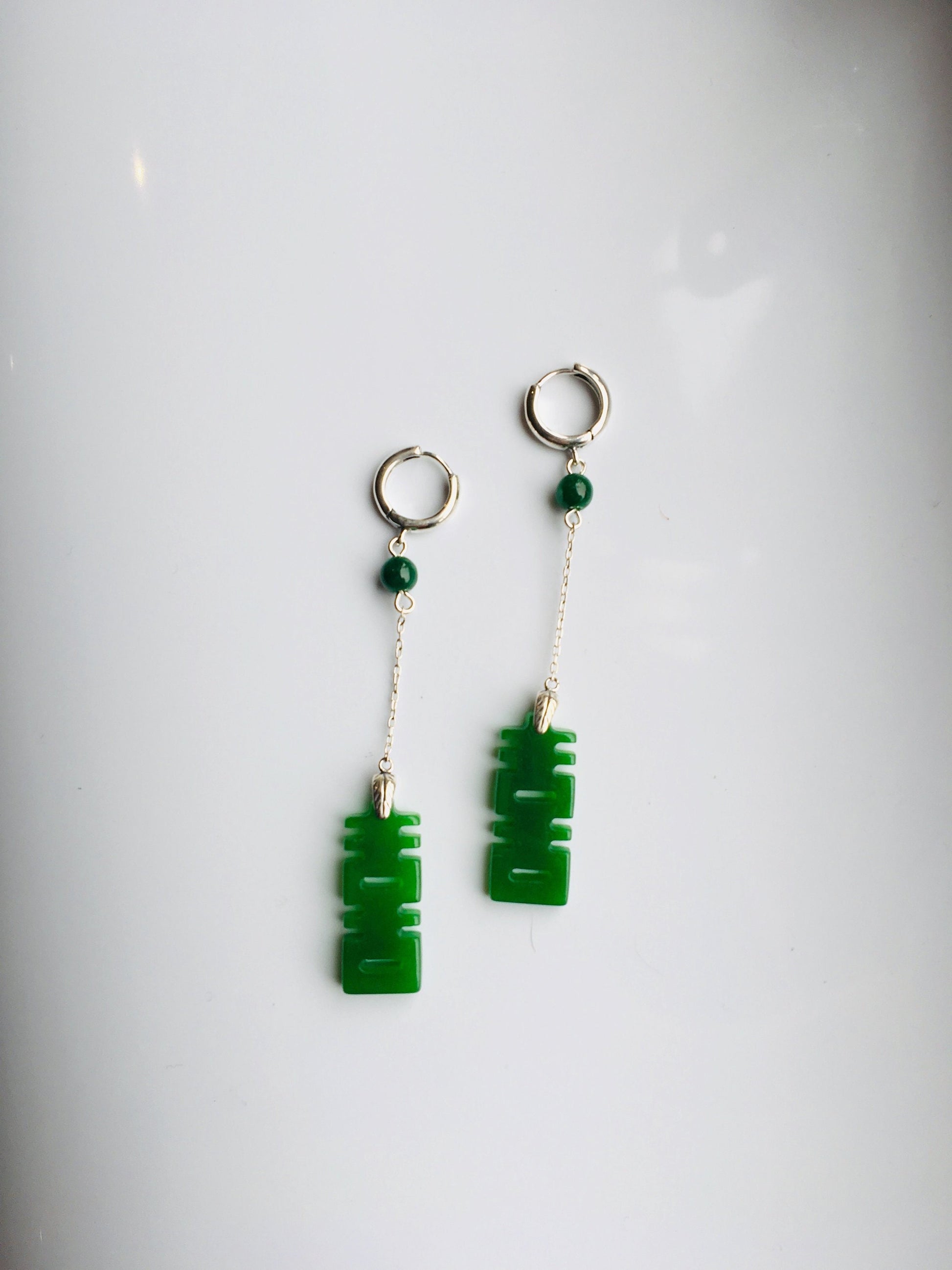Long Dangle Chinese Character jade earrings.Dark Green Jade.Double Happiness Emerald Earrings.Lucky Stone Jewelry.Gift for Her.Vintage jade