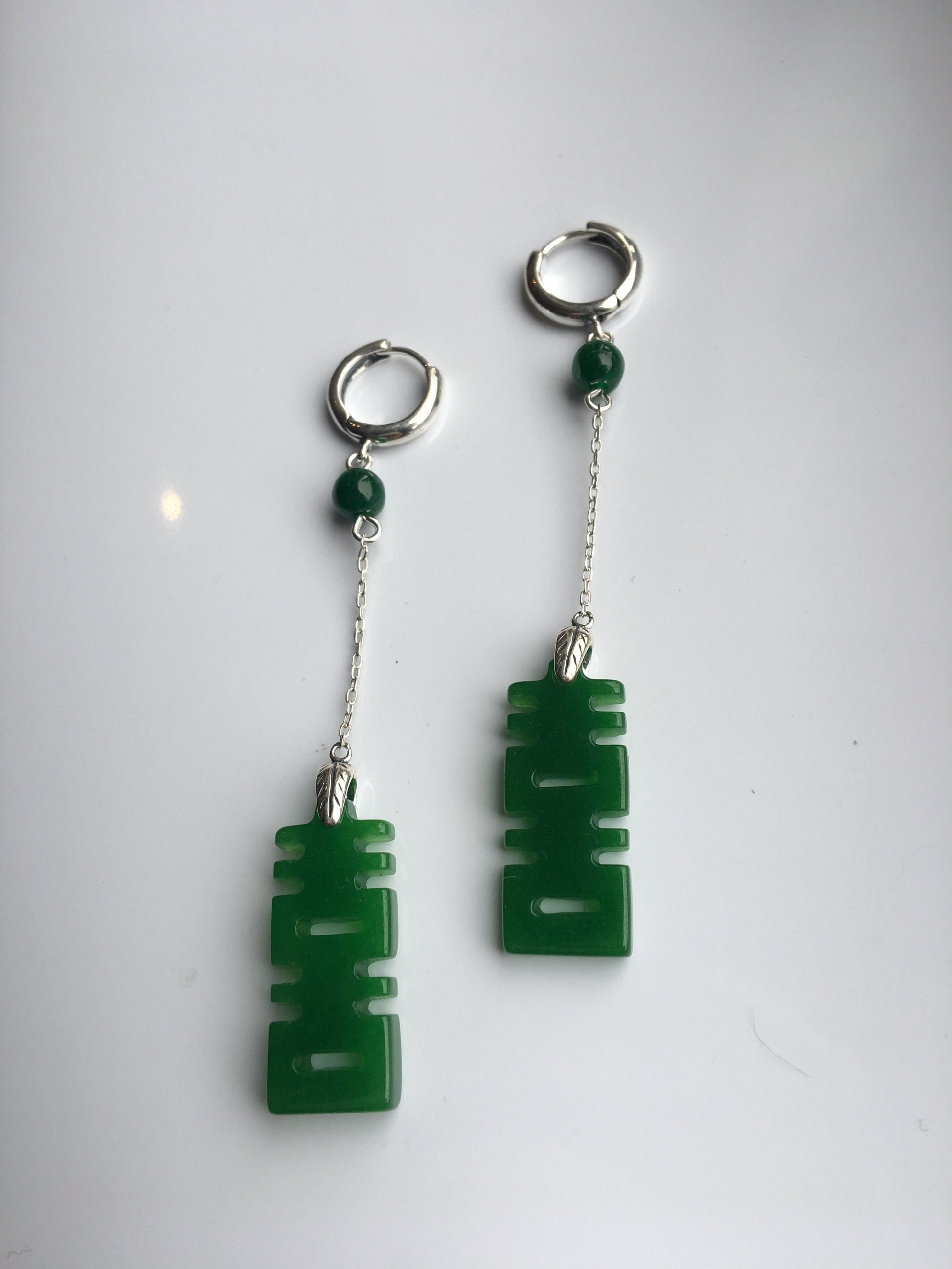 Long Dangle Chinese Character jade earrings.Dark Green Jade.Double Happiness Emerald Earrings.Lucky Stone Jewelry.Gift for Her.Vintage jade